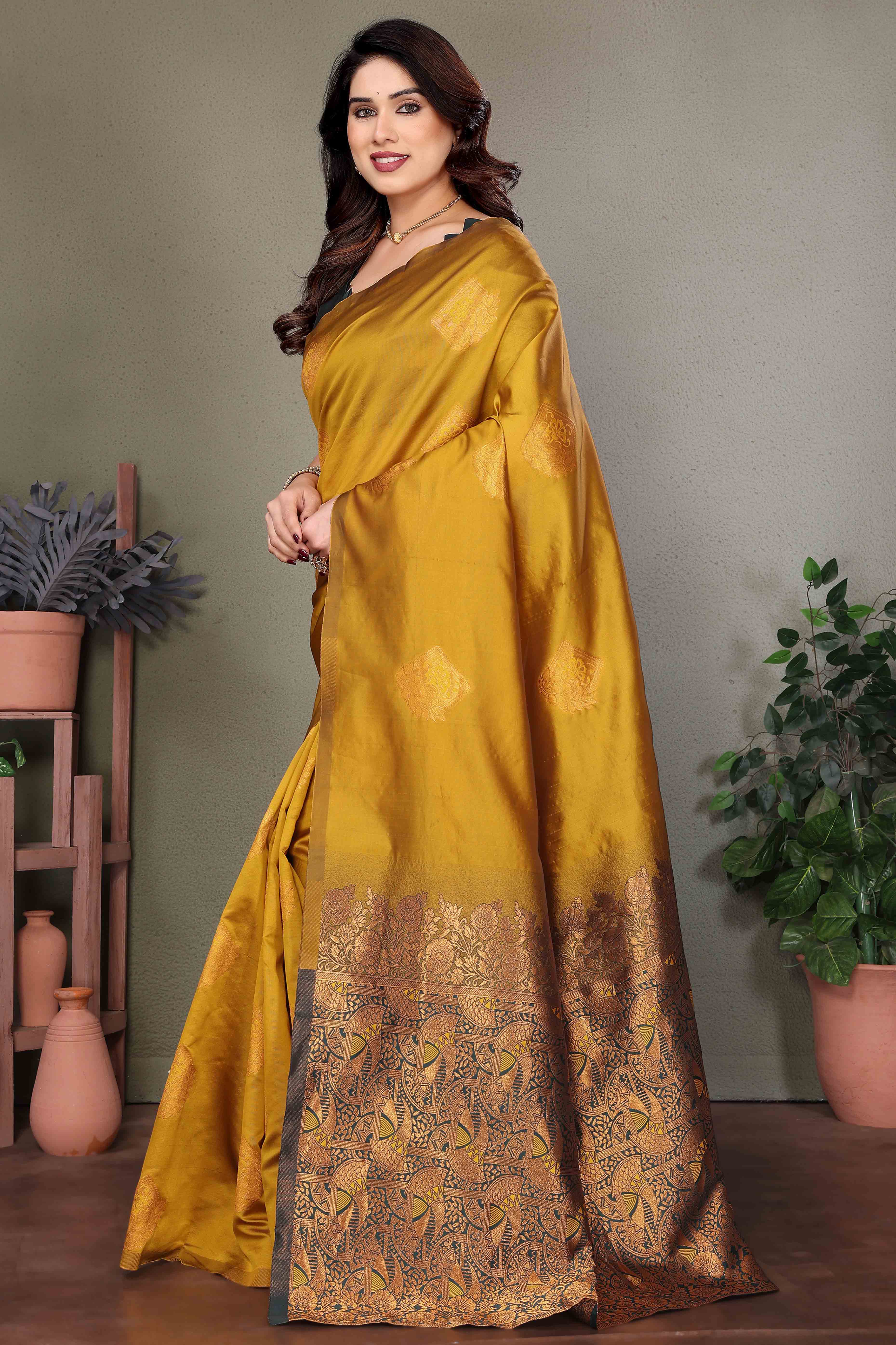 Mustard Banarasi Silk Saree With Exquisite Floral Zari Weaving