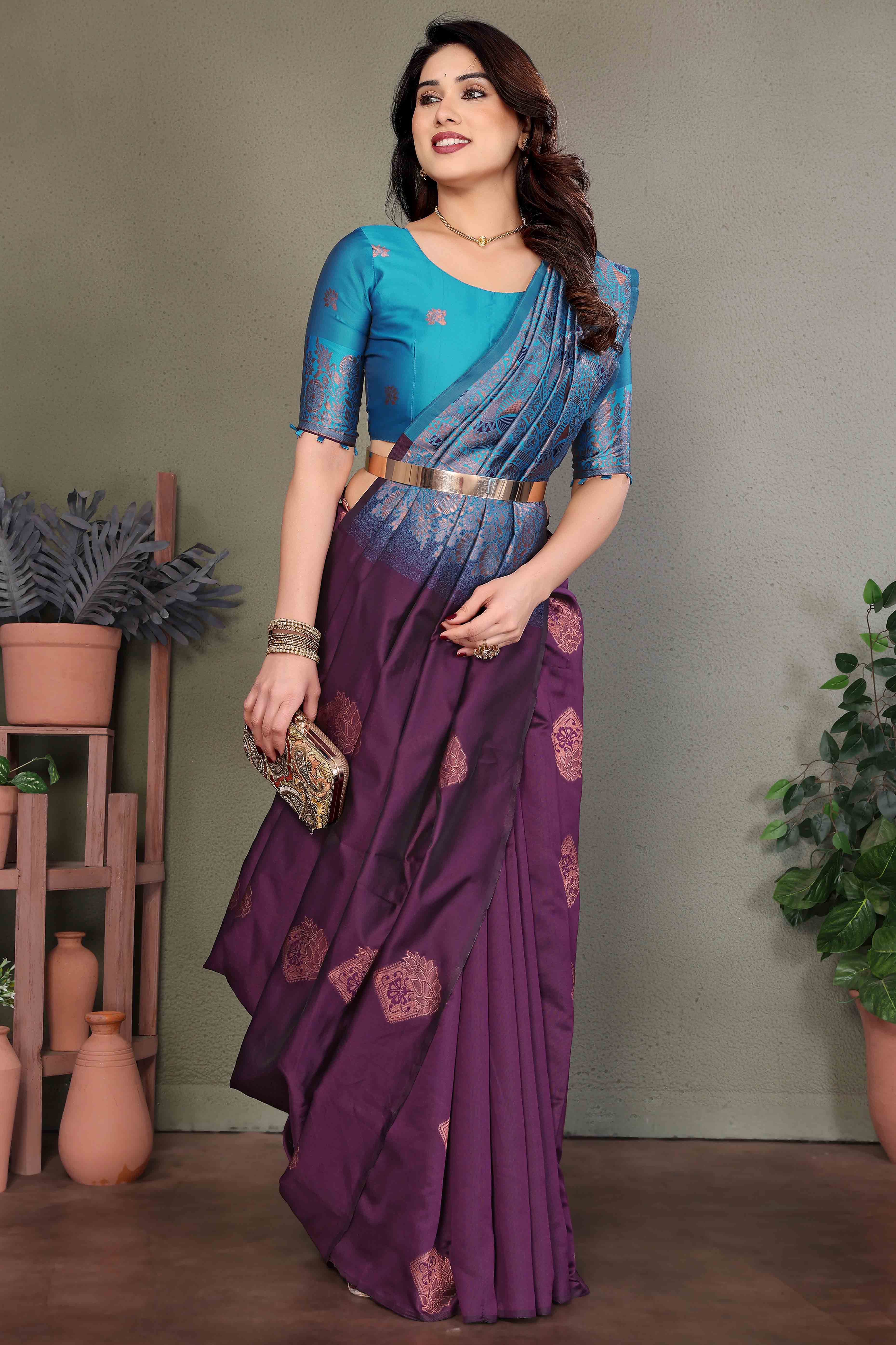 Purple Banarasi Silk Saree With Exquisite Floral Zari Weaving