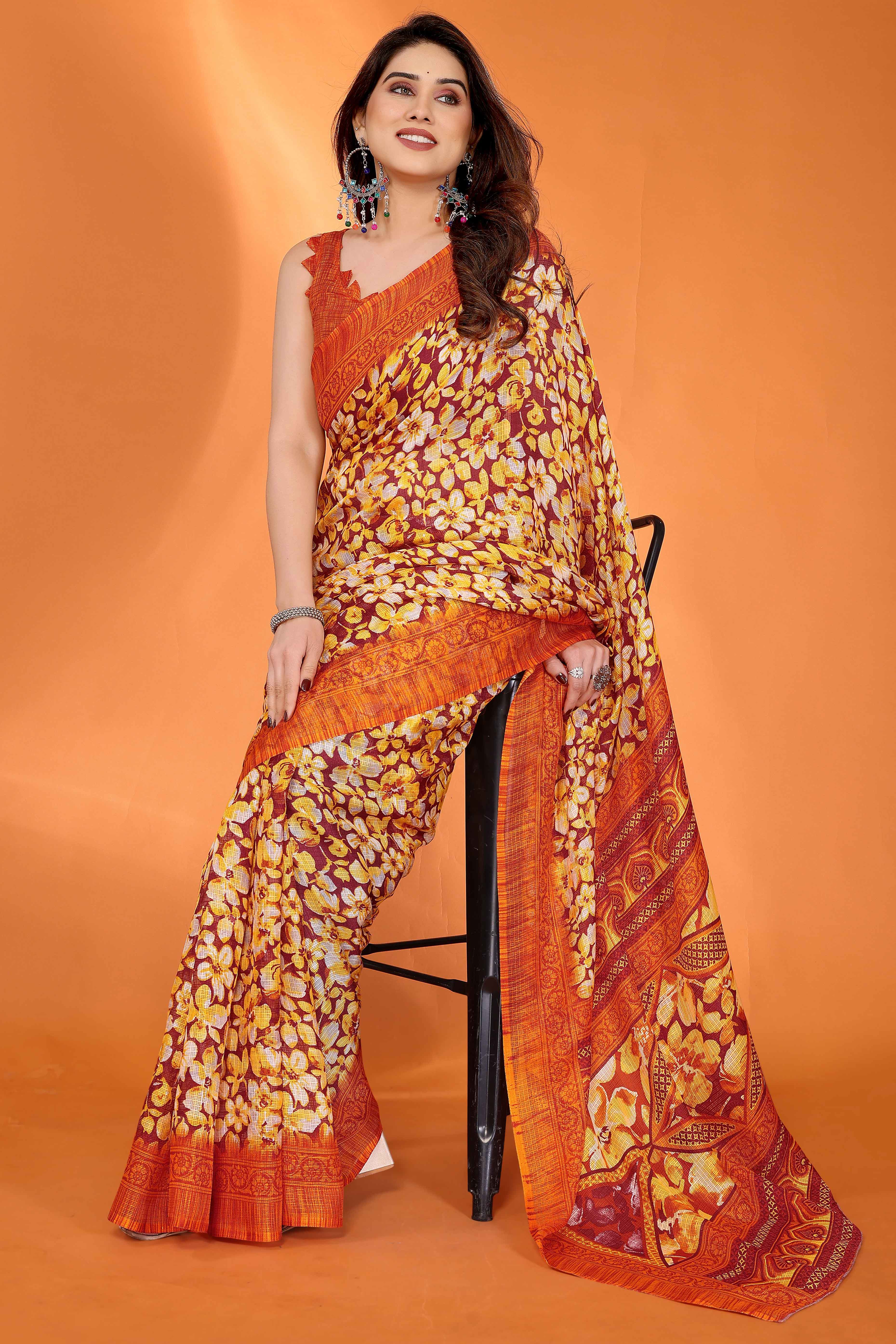 Orange Kota Doria Saree with Graceful Floral Print Work