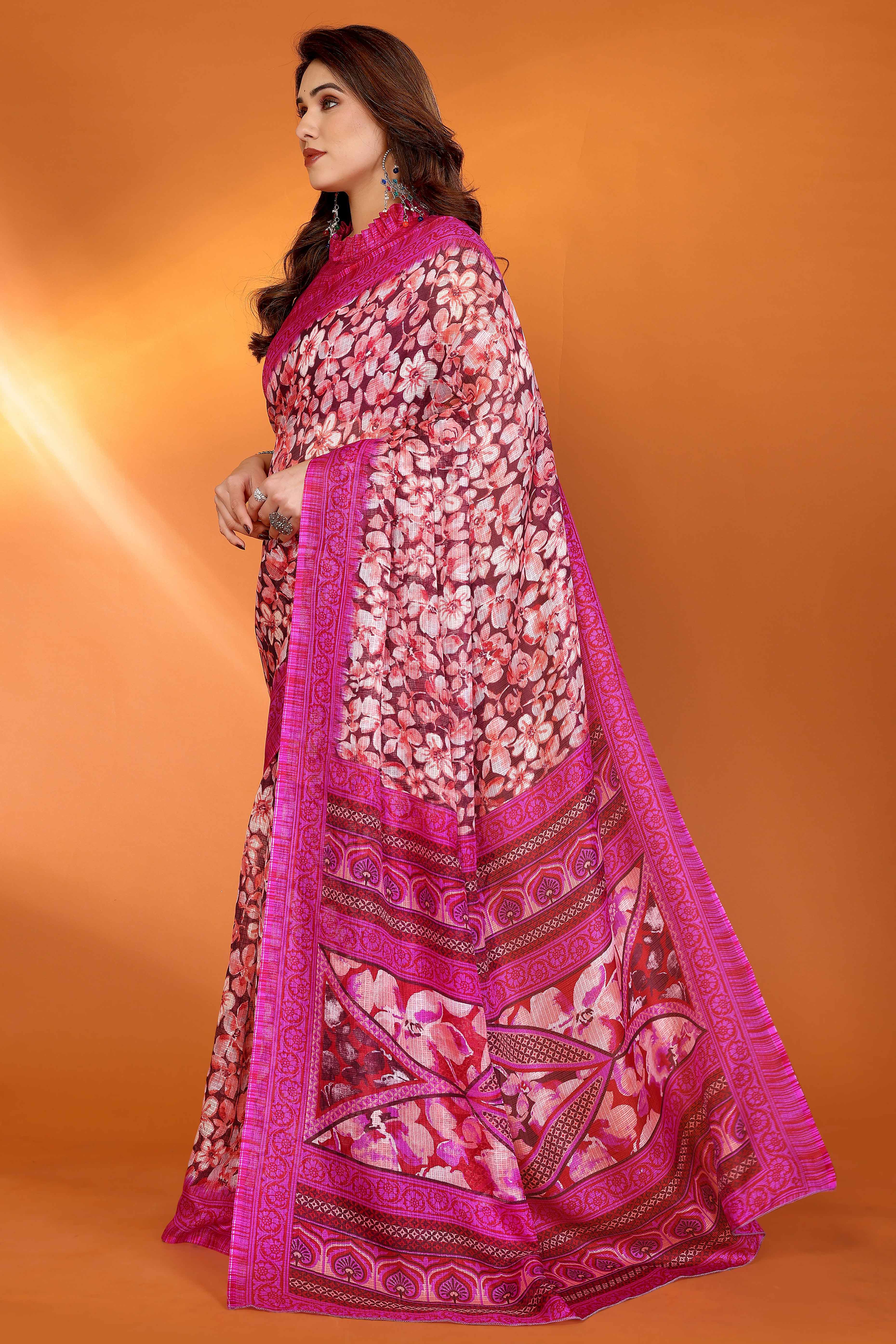 Pink Kota Doria Saree with Graceful Floral Print Work