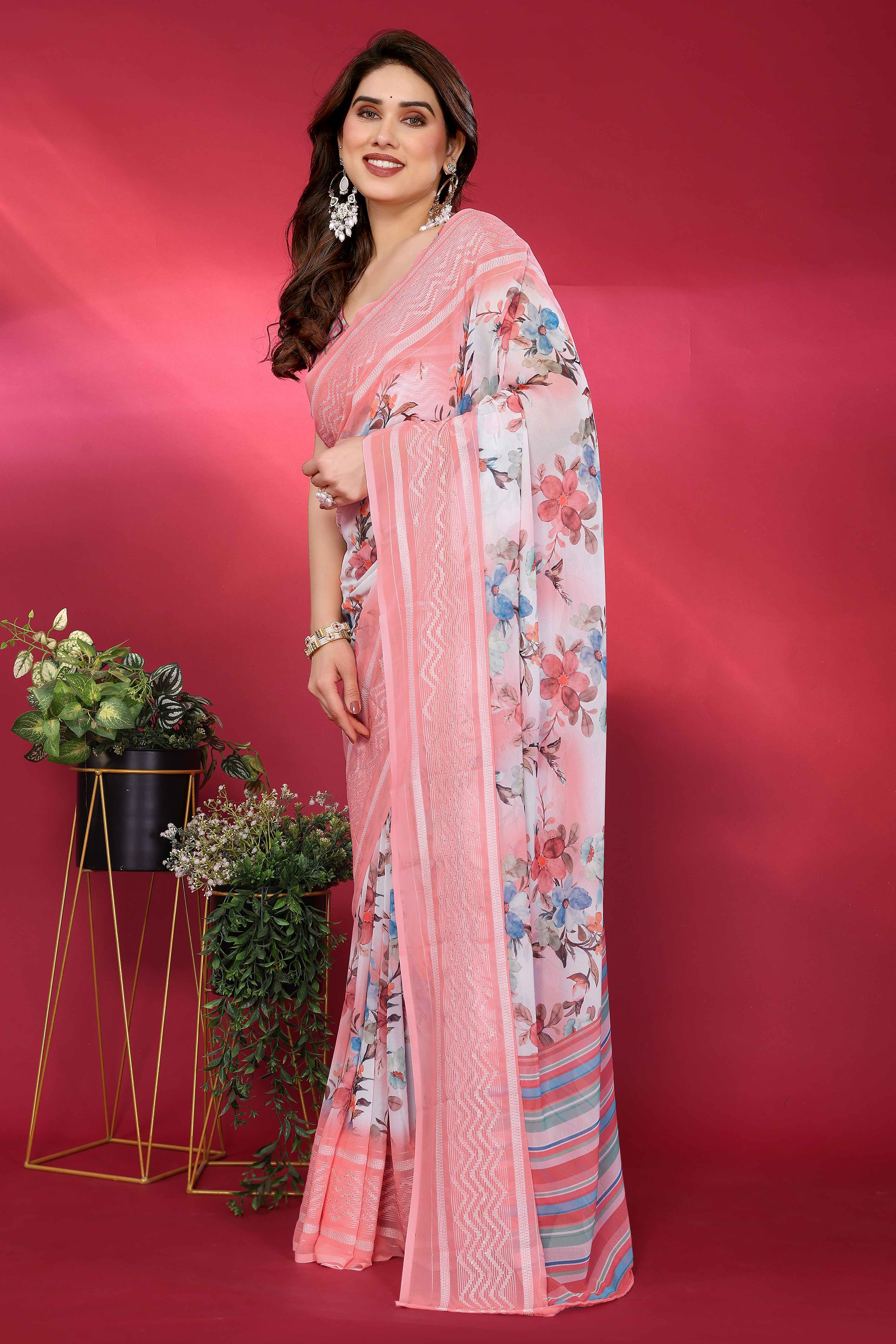 Peach Floral Printed Georgette Saree with Delicate Embroidery Work