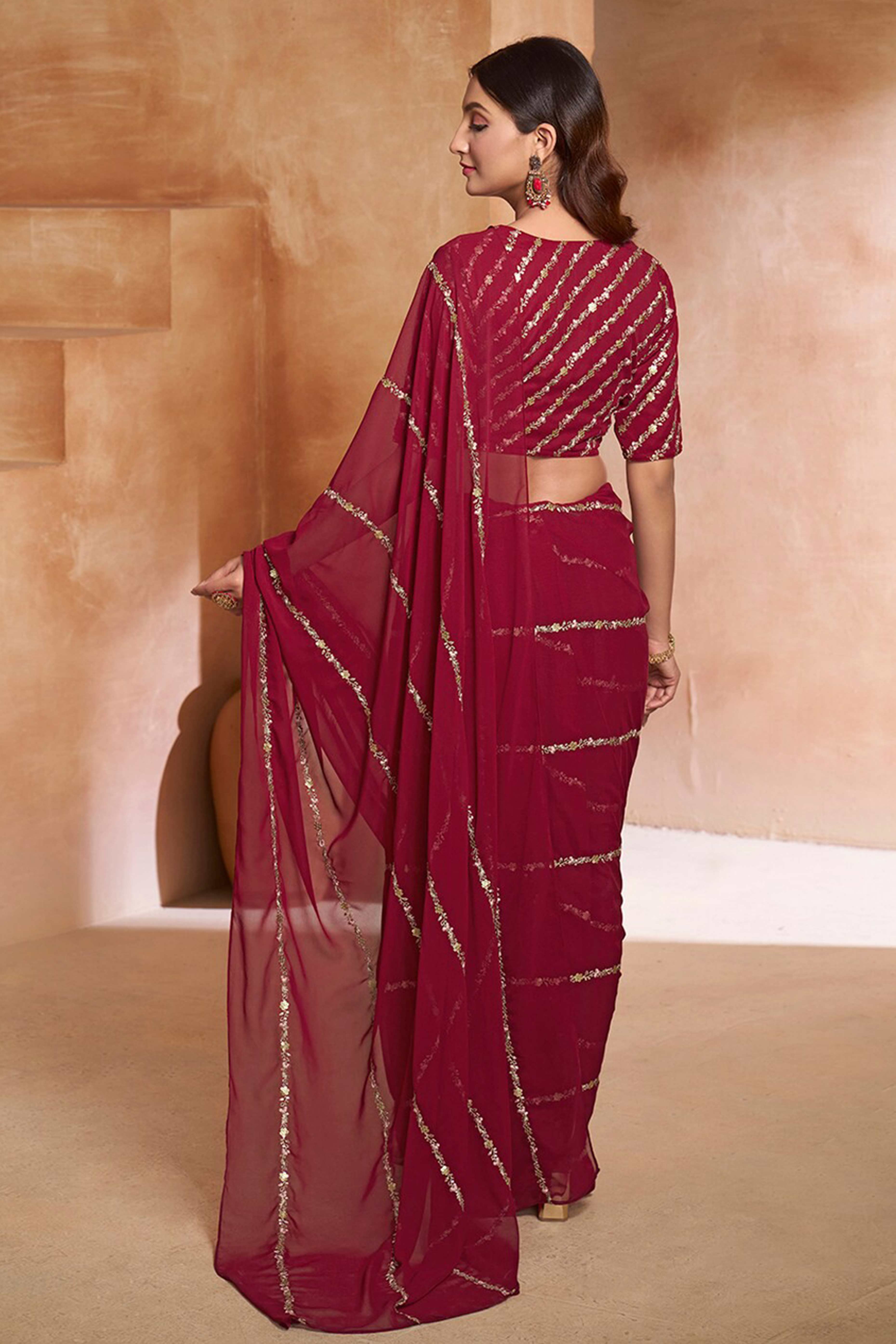 Radiant Maroon  Floral Georgette Saree Embellished With Fine Sequins Embroidery