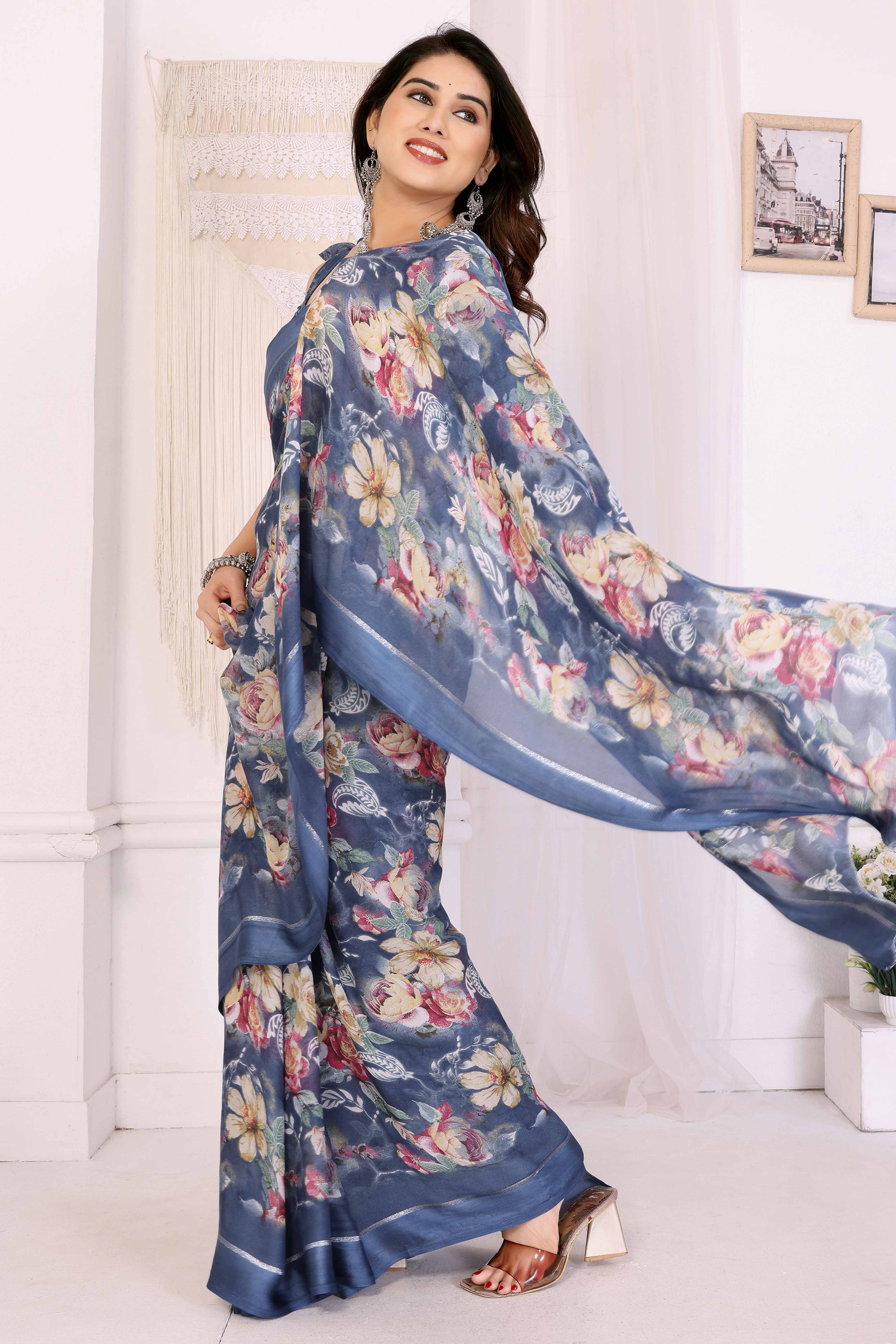 Bluish Grey Floral Printed Crepe Saree Enhanced With A Lustrous Satin Patta Border