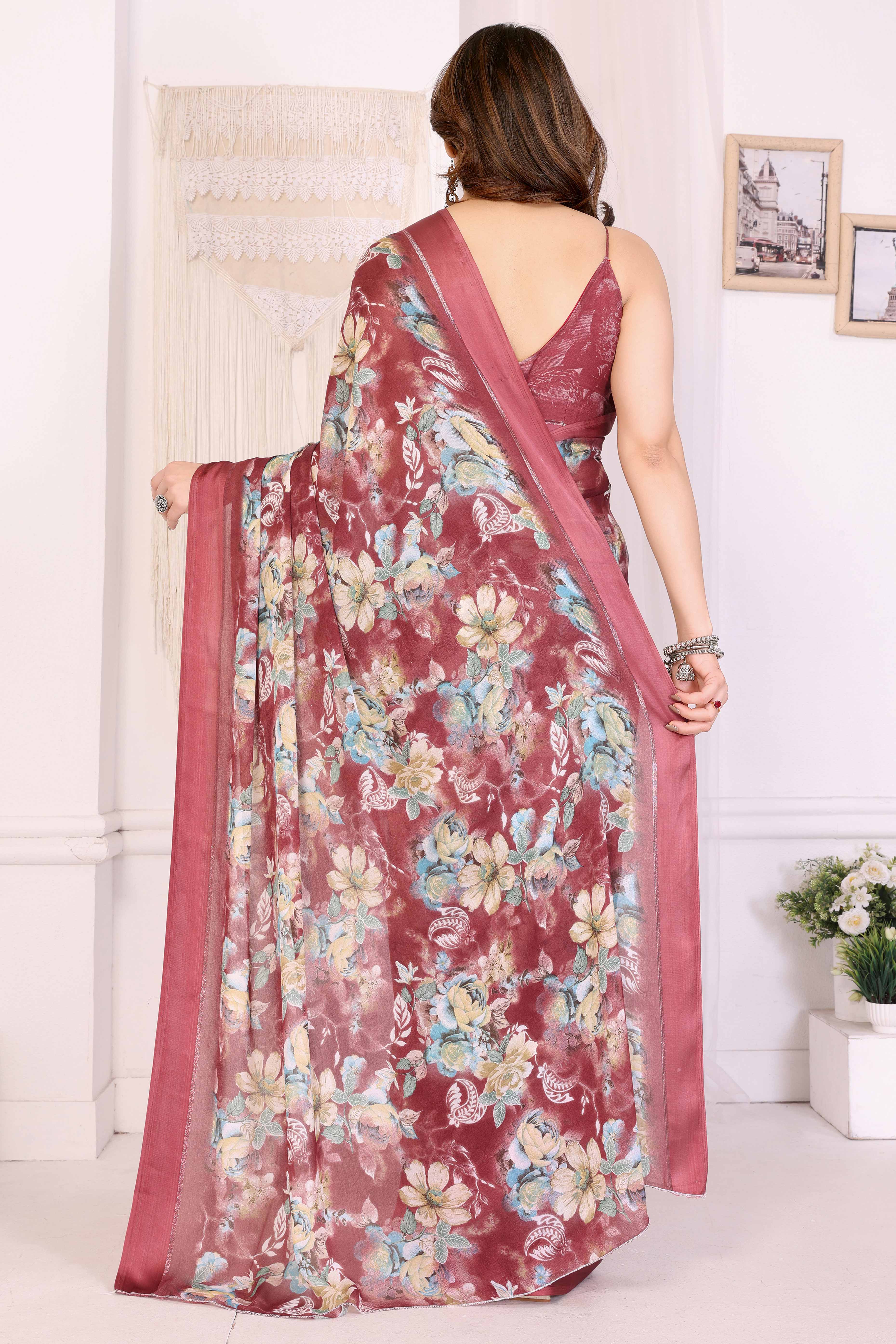 Maroon Floral Printed Crepe Saree Enhanced With A Lustrous Satin Patta Border