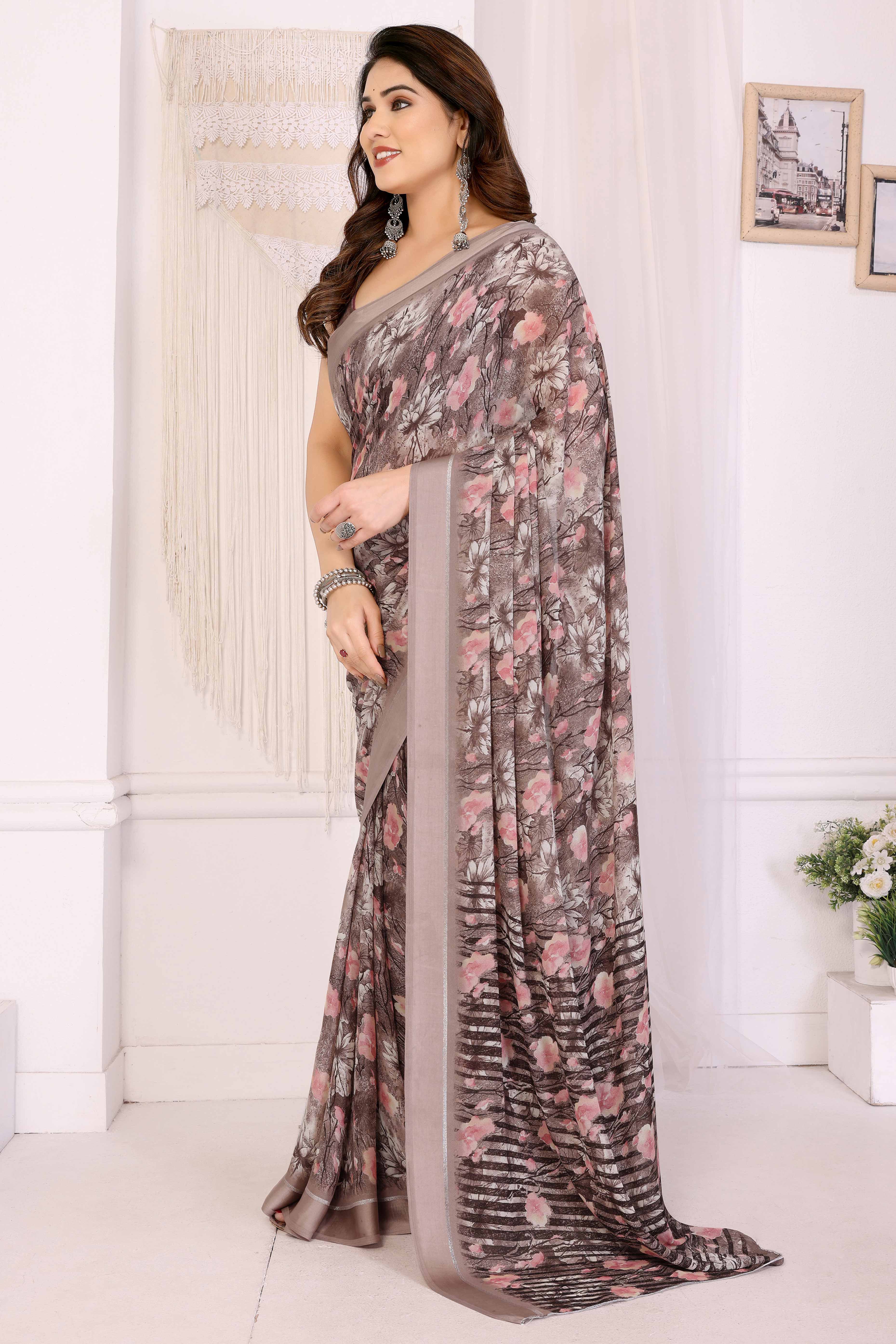 Brown Floral Printed Blue Crepe Saree Styled With A Smooth Satin Patta Border
