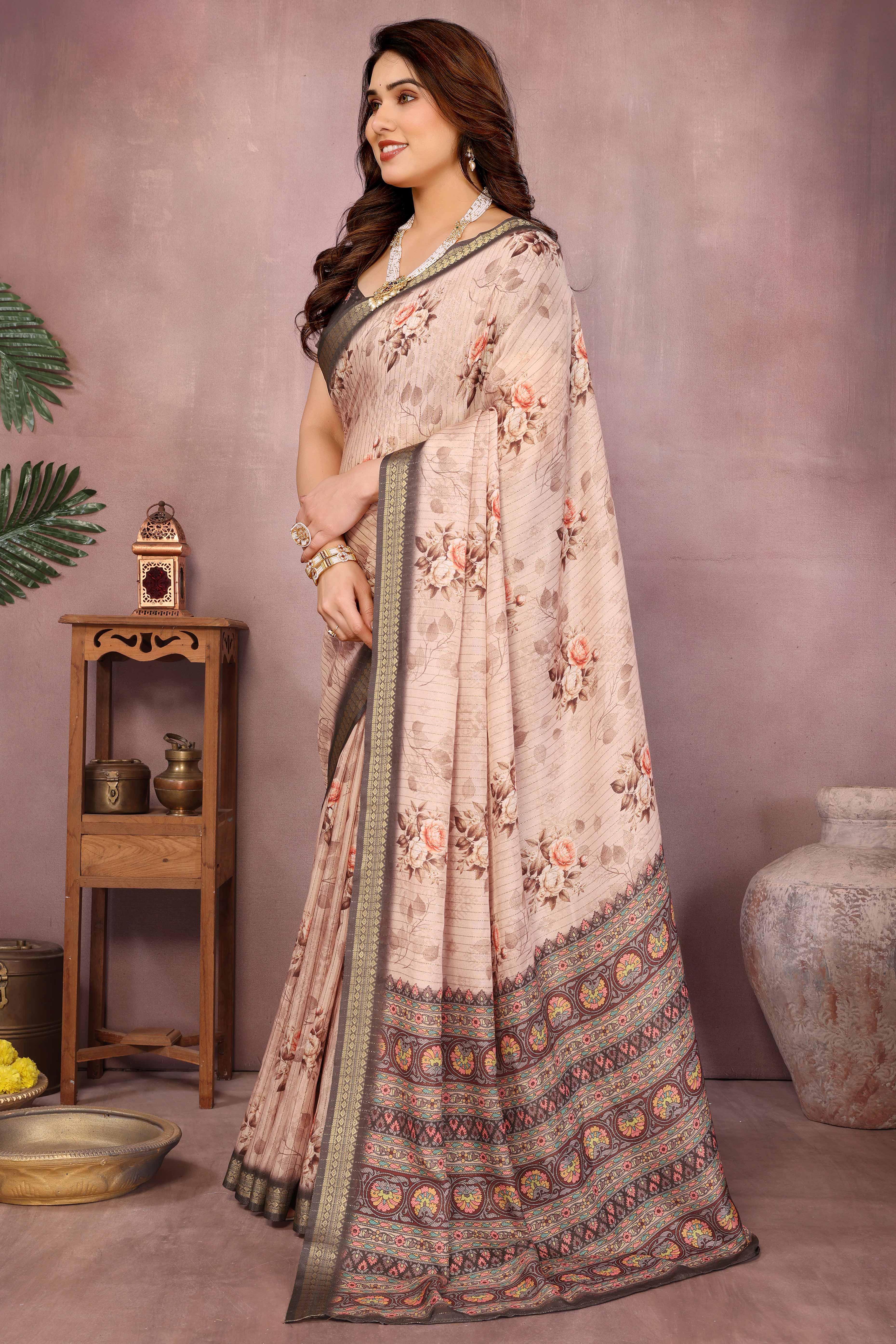 Beige Zari Woven Saree with Floral Motifs in Cotton Blend Fabric