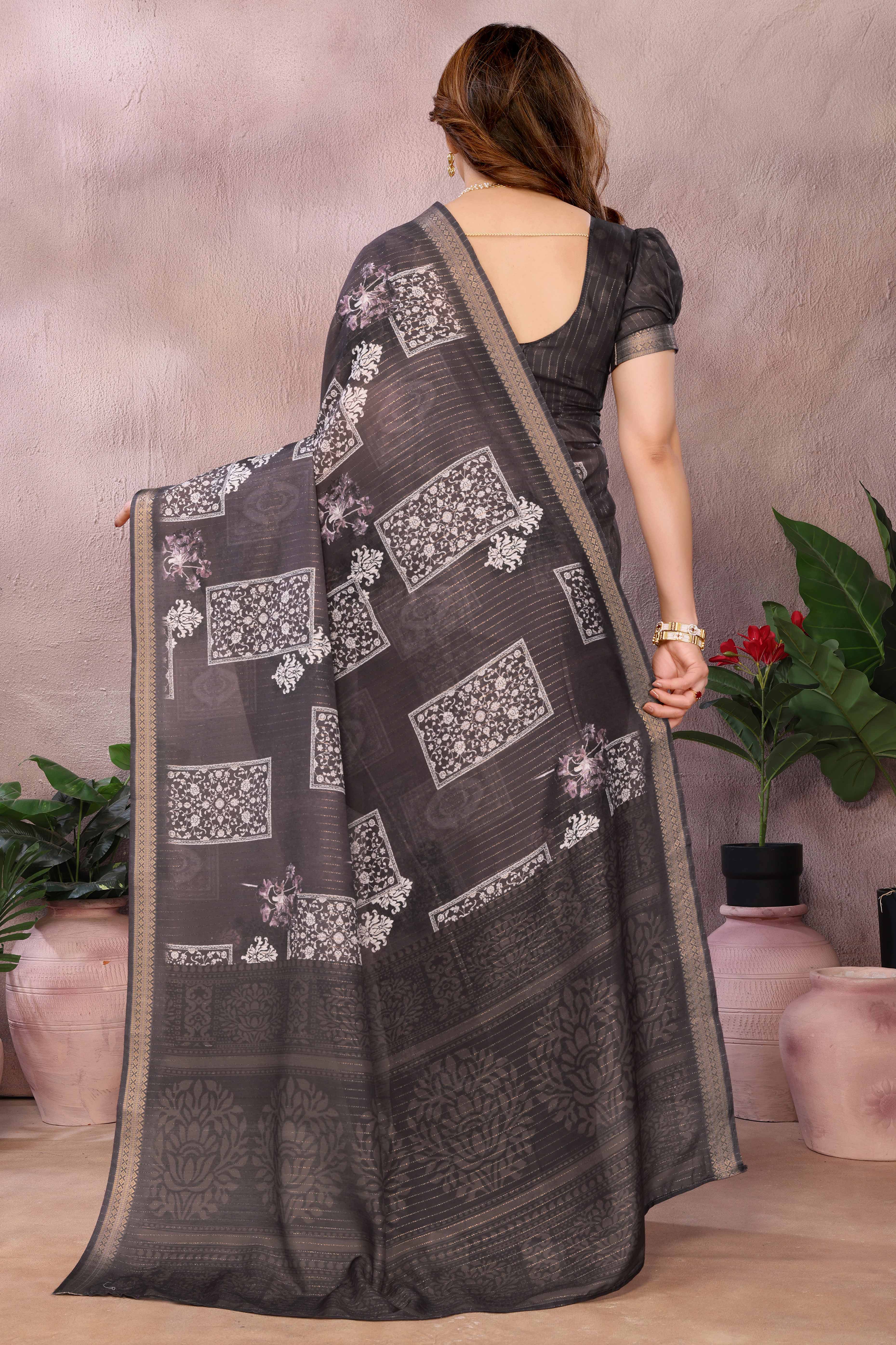 Charcoal Grey Zari Woven Saree with Floral Motifs in Cotton Blend Fabric