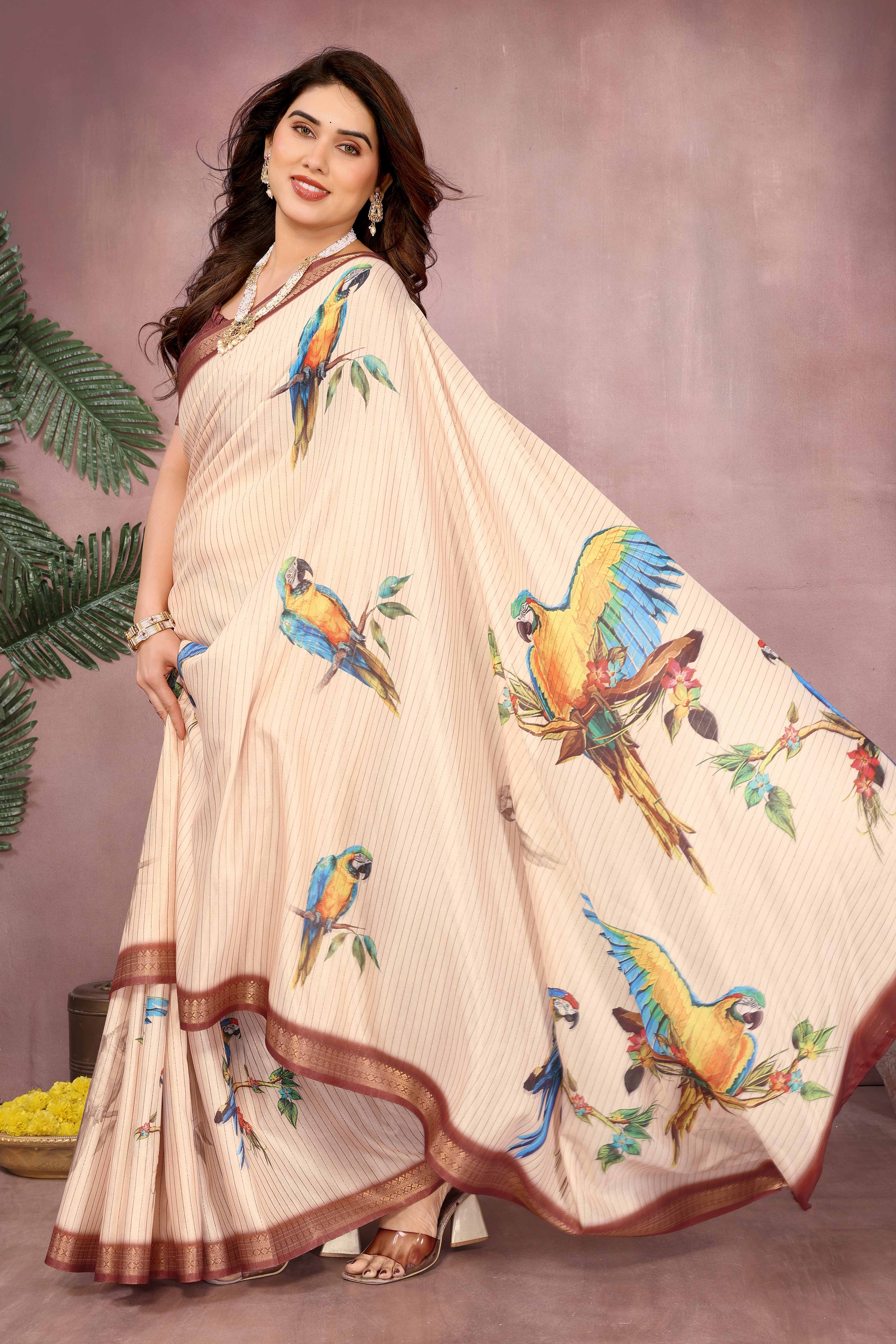 Cream Zari Woven Saree with Floral Motifs in Cotton Blend Fabric