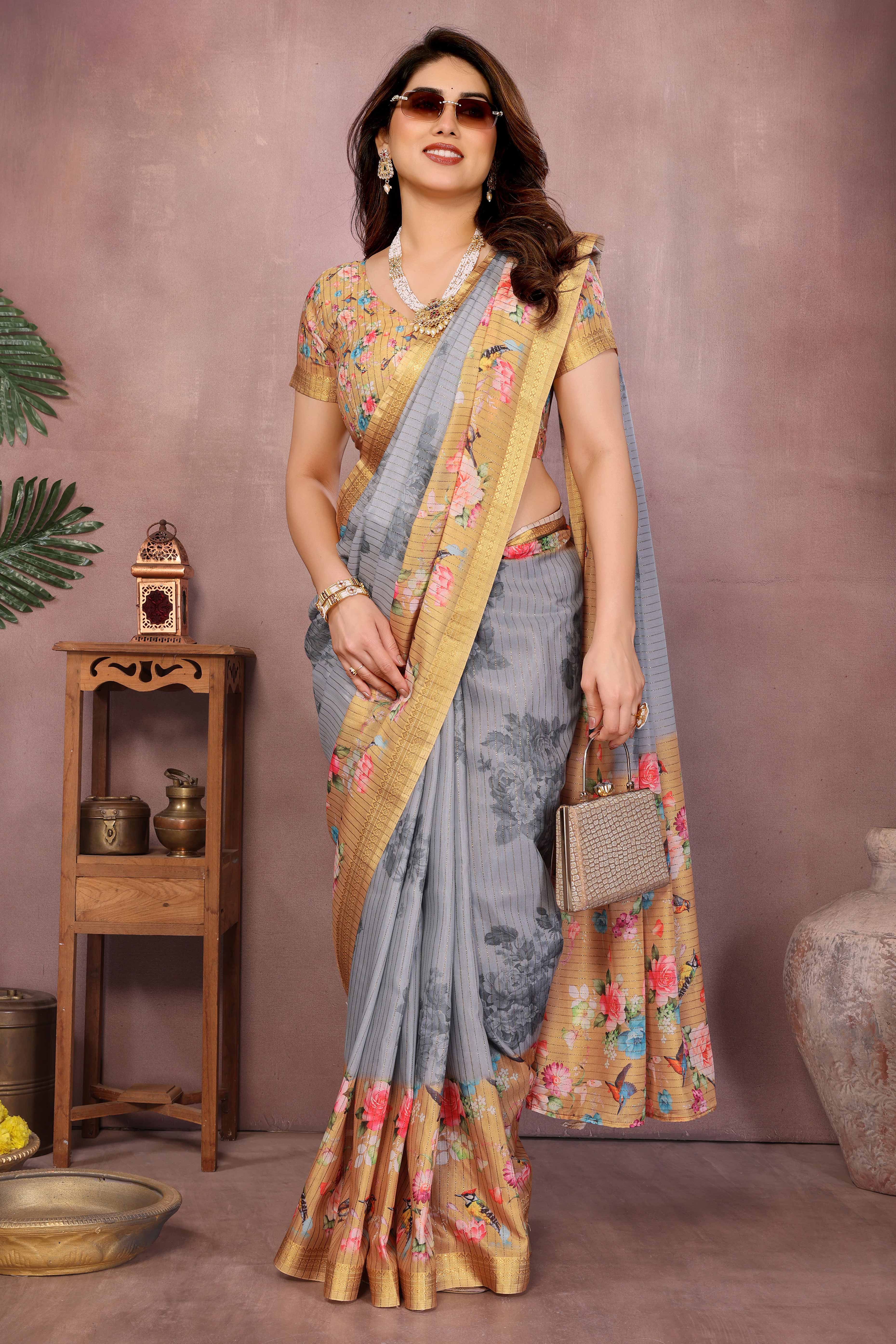 Grey Zari Woven Saree with Floral Motifs in Cotton Blend Fabric