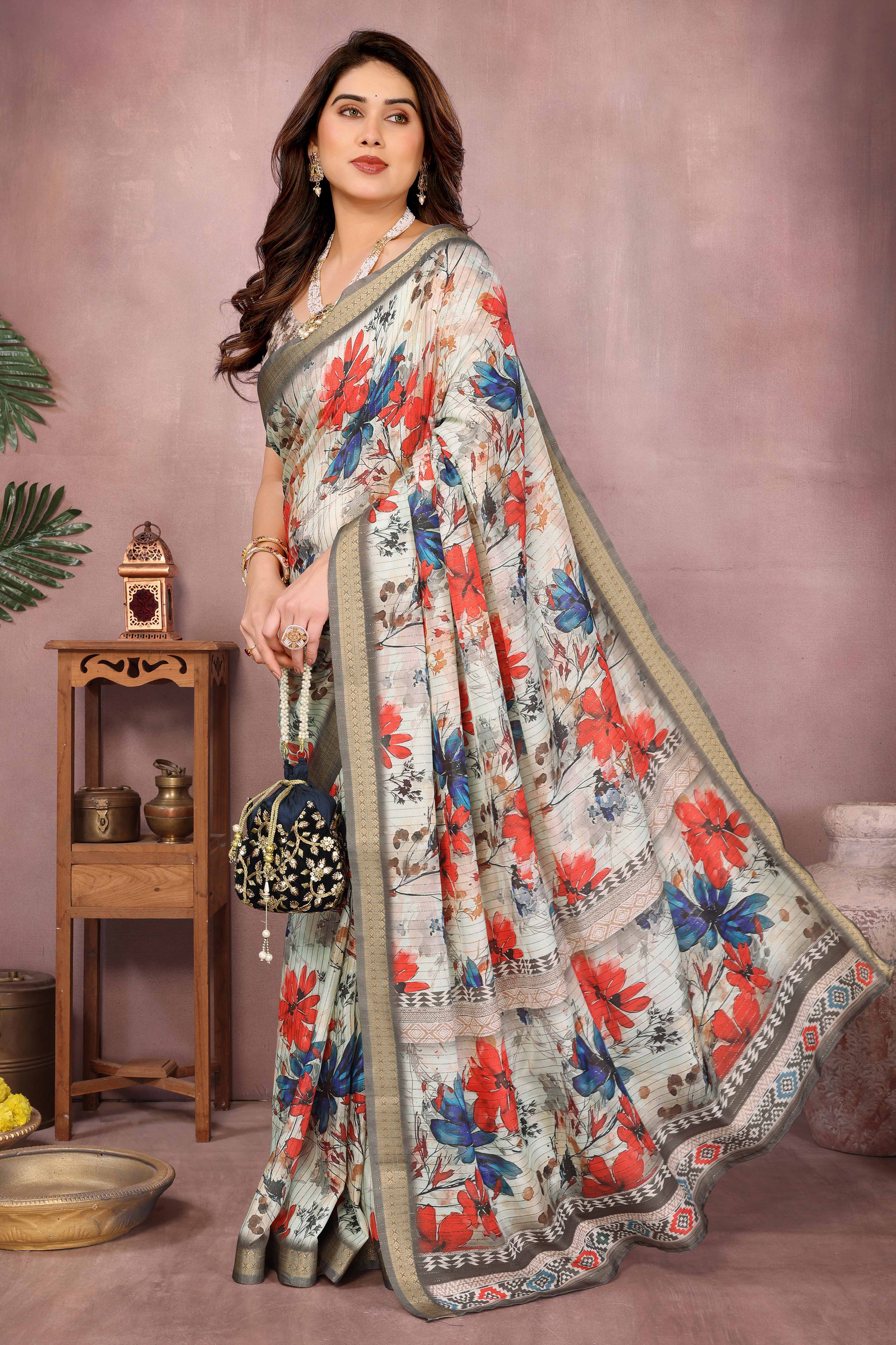 Off White Zari Woven Saree with Floral Motifs in Cotton Blend Fabric
