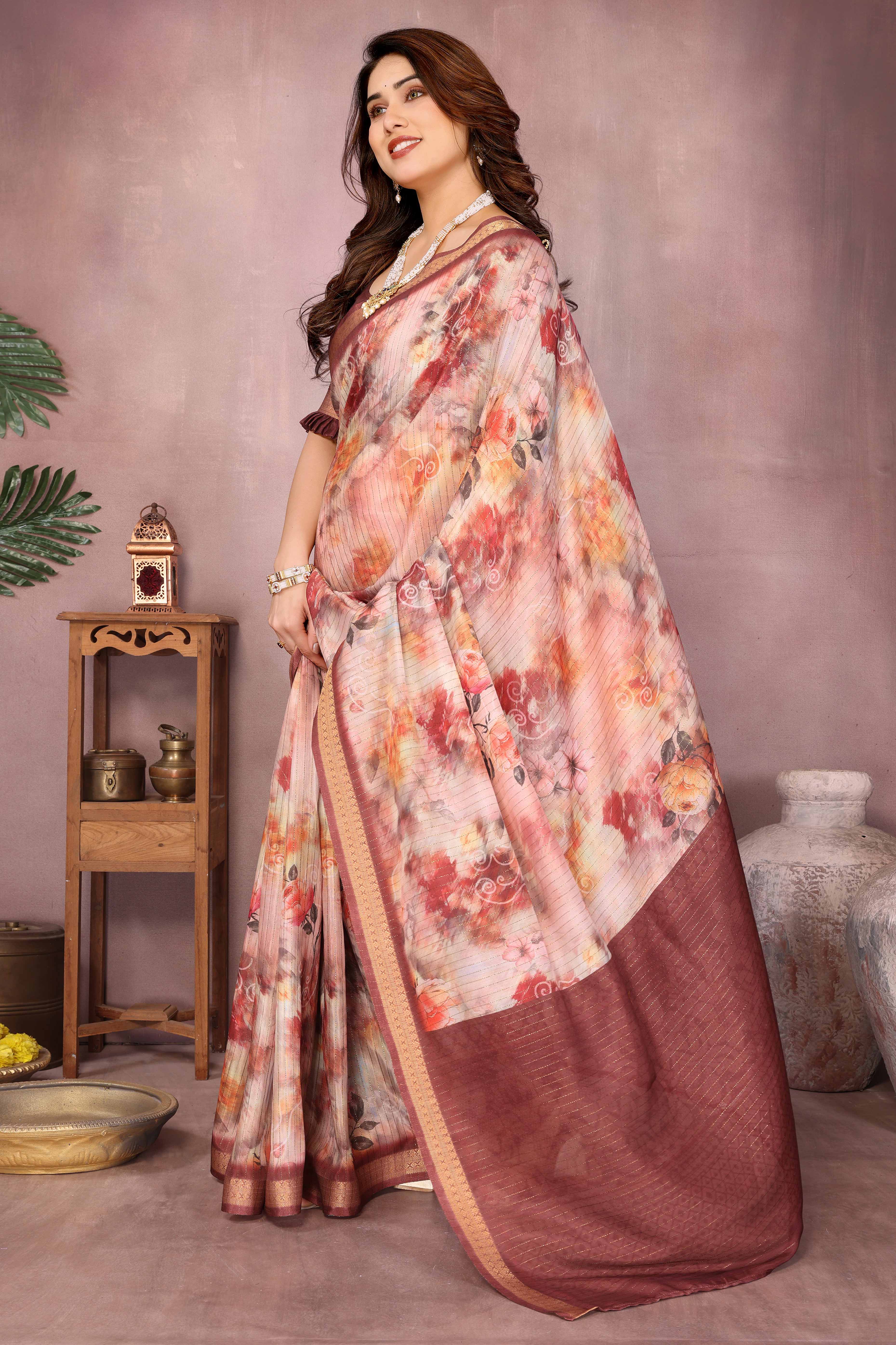 Peach Zari Woven Saree with Floral Motifs in Cotton Blend Fabric