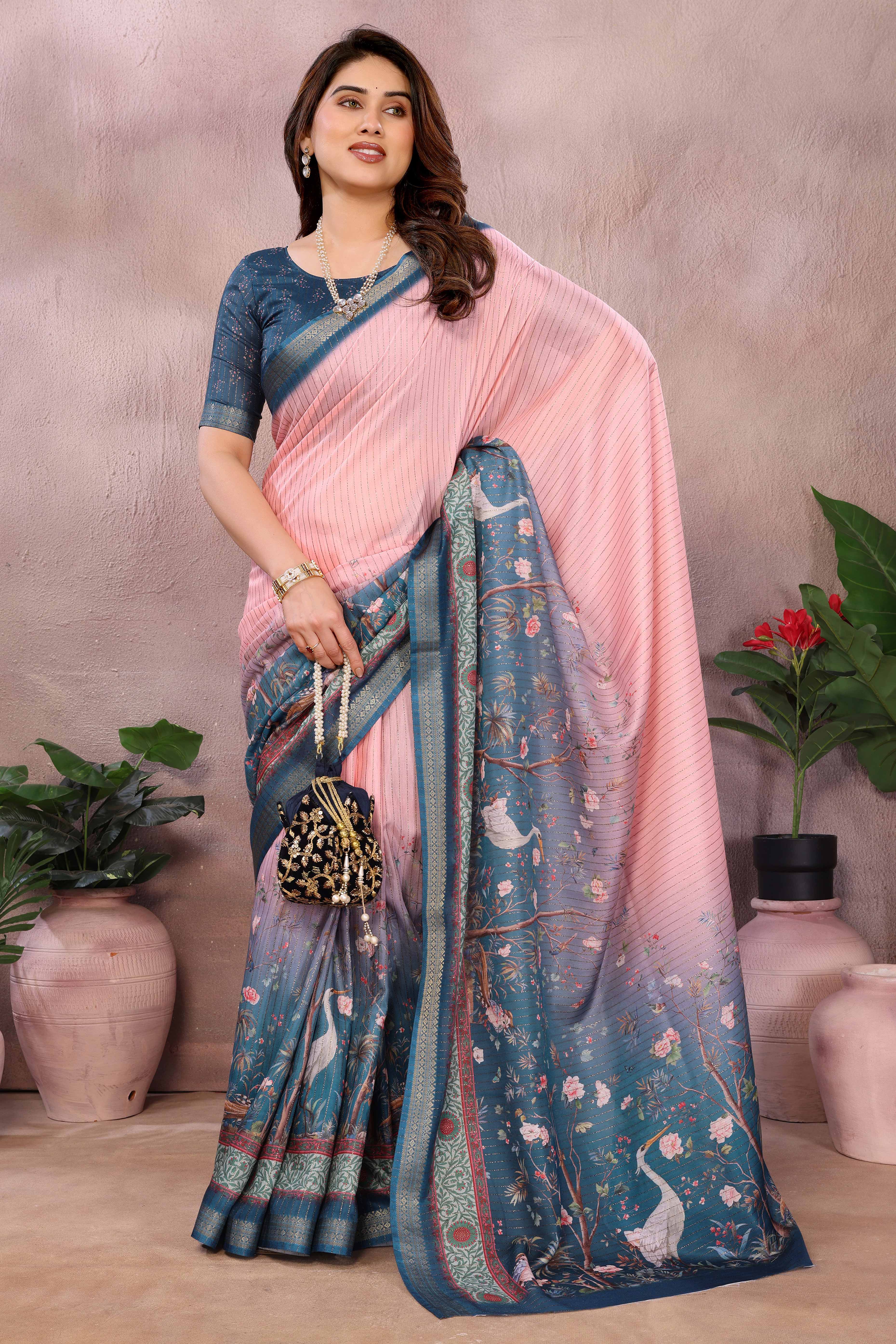 Pink Zari Woven Saree with Floral Motifs in Cotton Blend Fabric