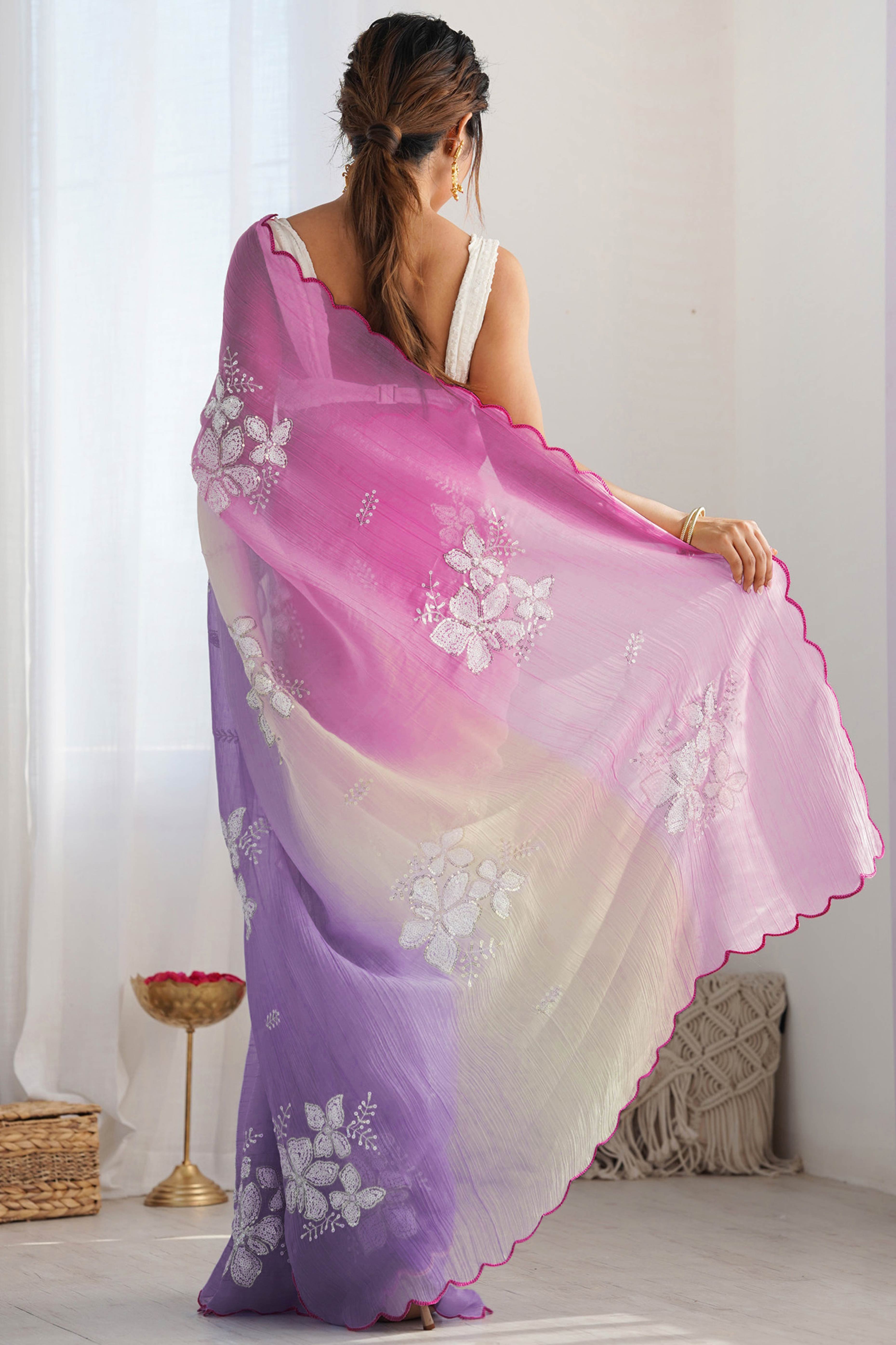 Pink & Lavender Ombre Silk Blend Saree Accentuated With Floral Sequins Embroidery