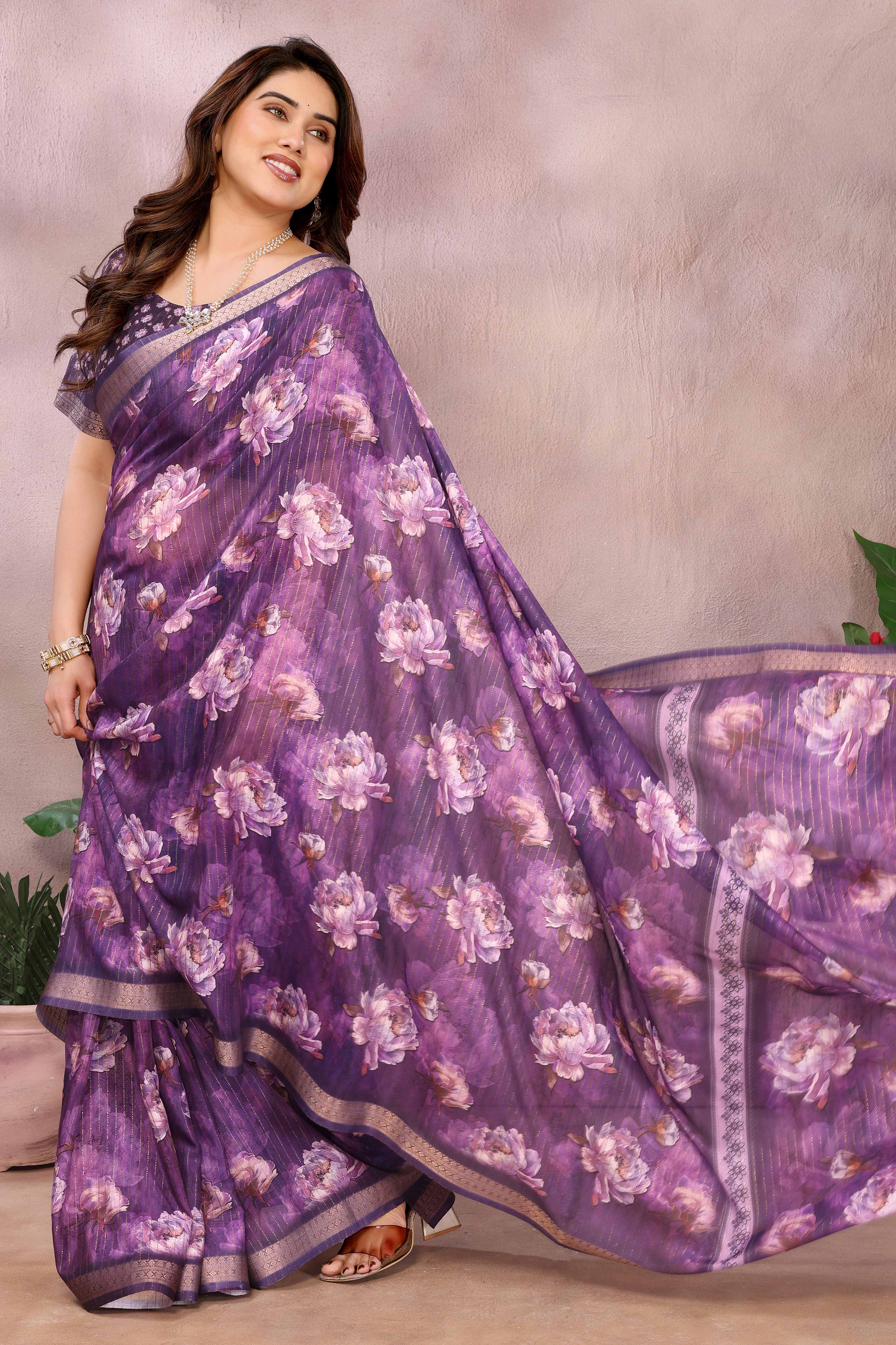 Purple Zari Woven Saree with Floral Motifs in Cotton Blend Fabric
