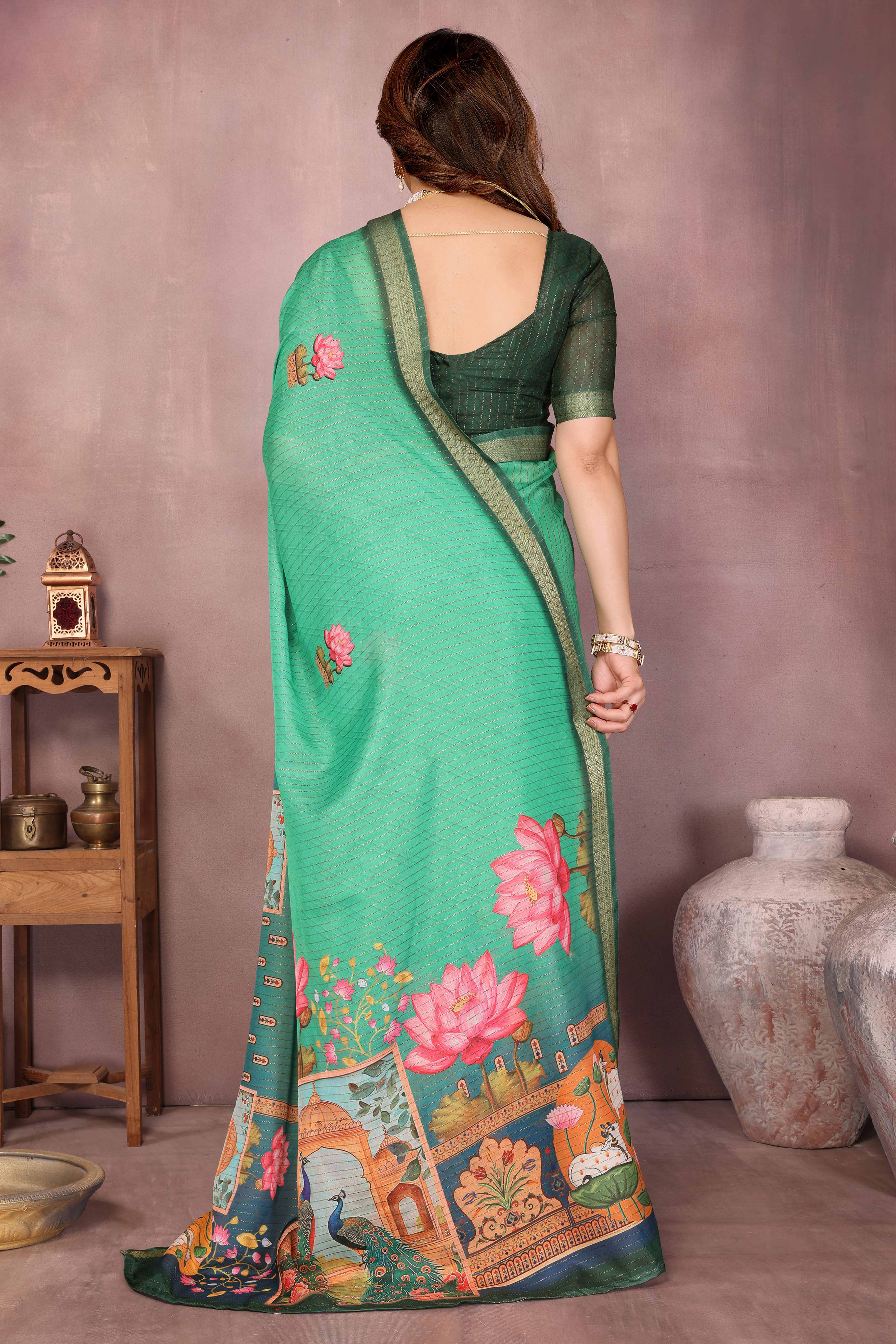 Rama Green Zari Woven Saree with Floral Motifs in Cotton Blend Fabric