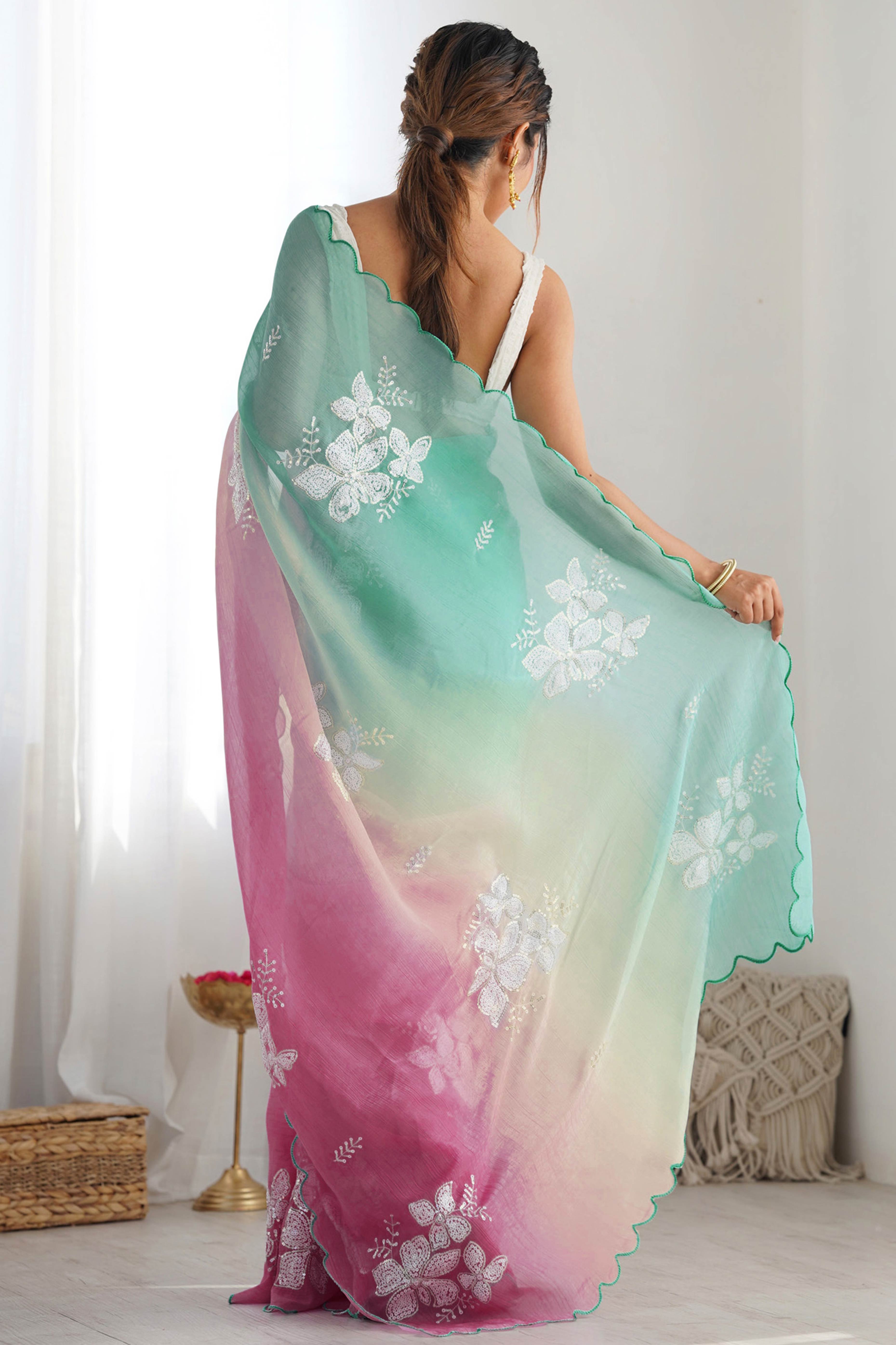 Rama Green & Wine Ombre Silk Blend Saree Accentuated With Floral Sequins Embroidery