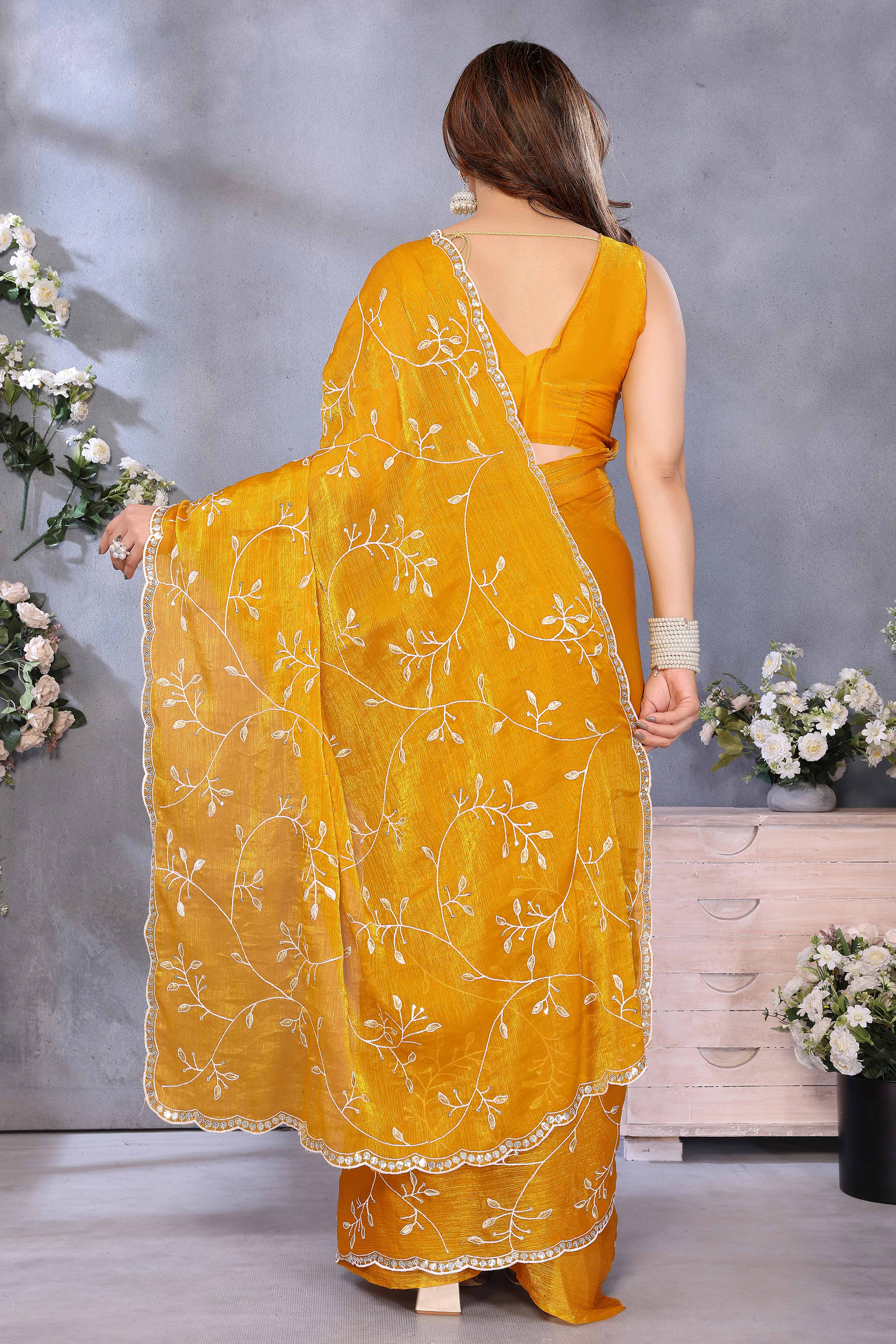 Mustard Jimmy Choo Chiffon Saree Adorned with Delicate Floral Sequins Embroidery