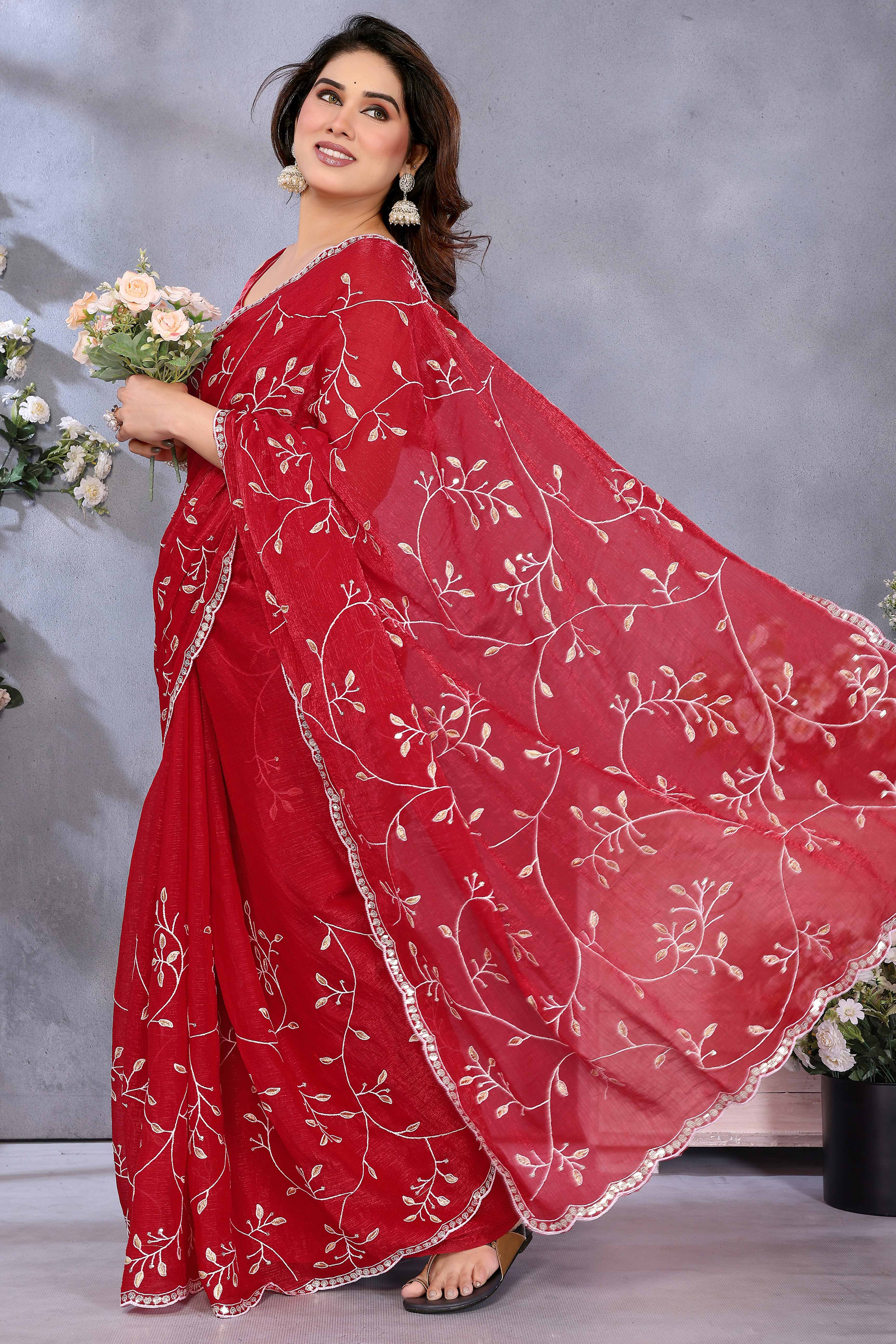 Red Jimmy Choo Chiffon Saree Adorned with Delicate Floral Sequins Embroidery