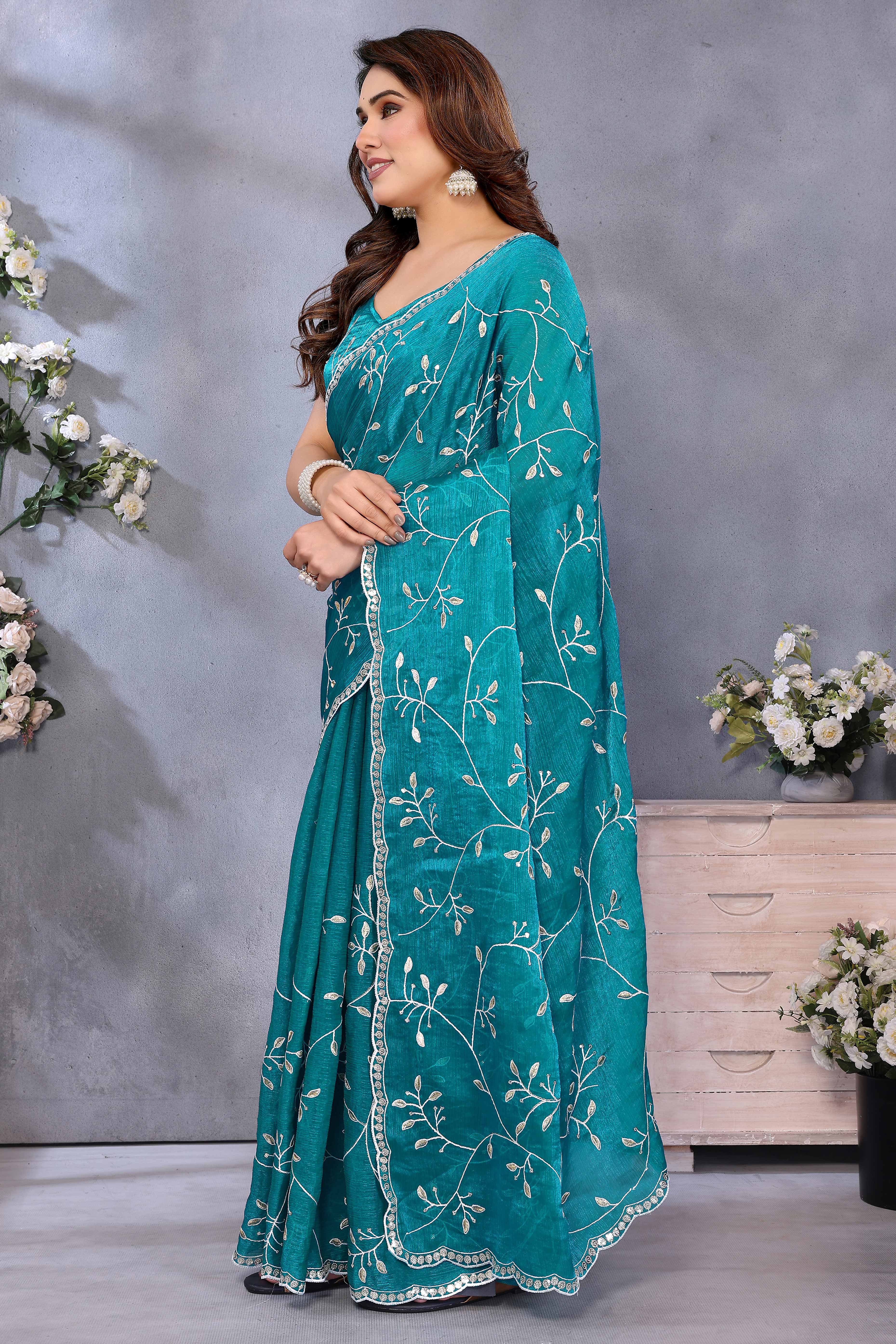 Teal Jimmy Choo Chiffon Saree Adorned with Delicate Floral Sequins Embroidery