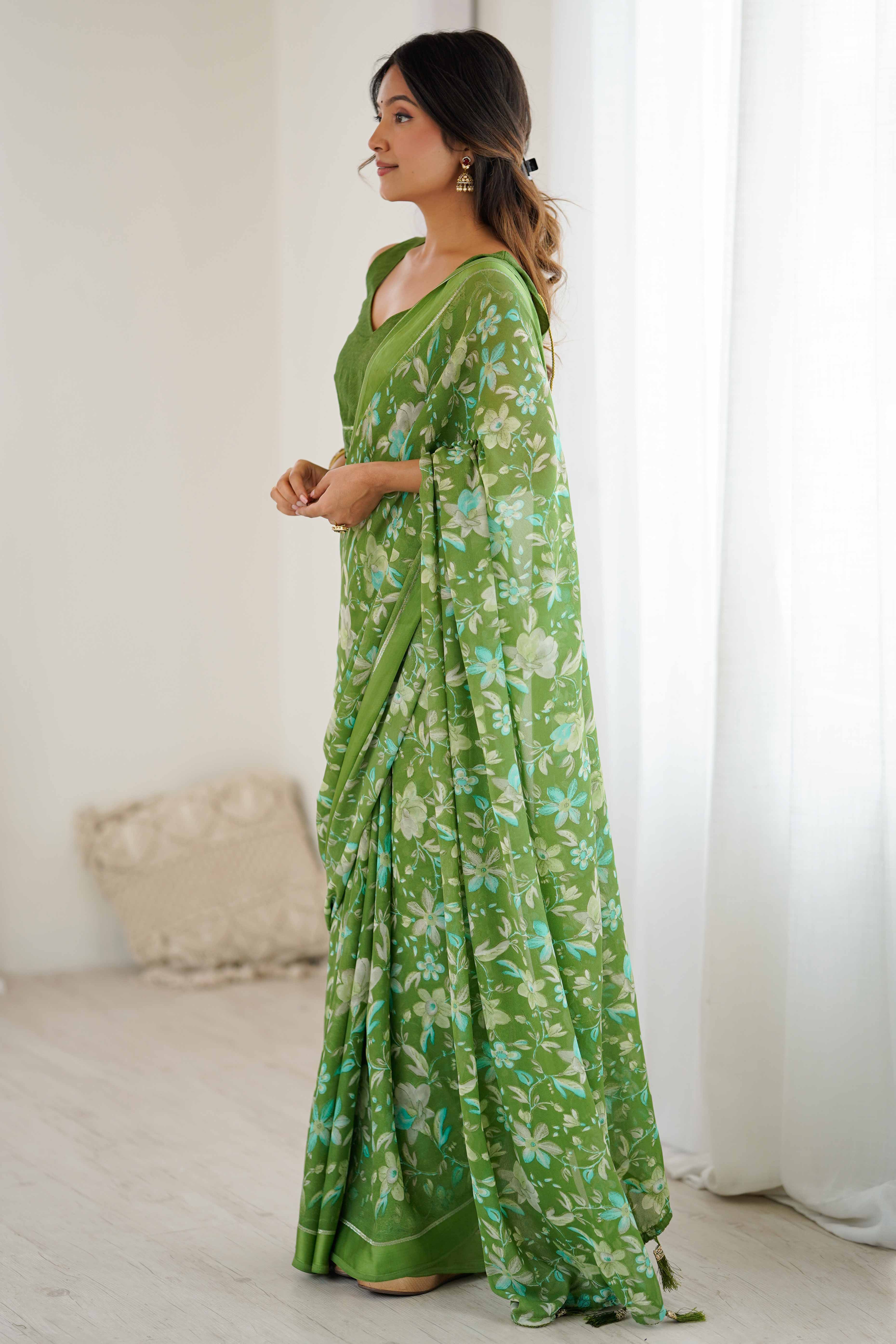 Green Moss Silk Blend Saree With Artistic Floral Digital Print & Stylish Tassel Pallu