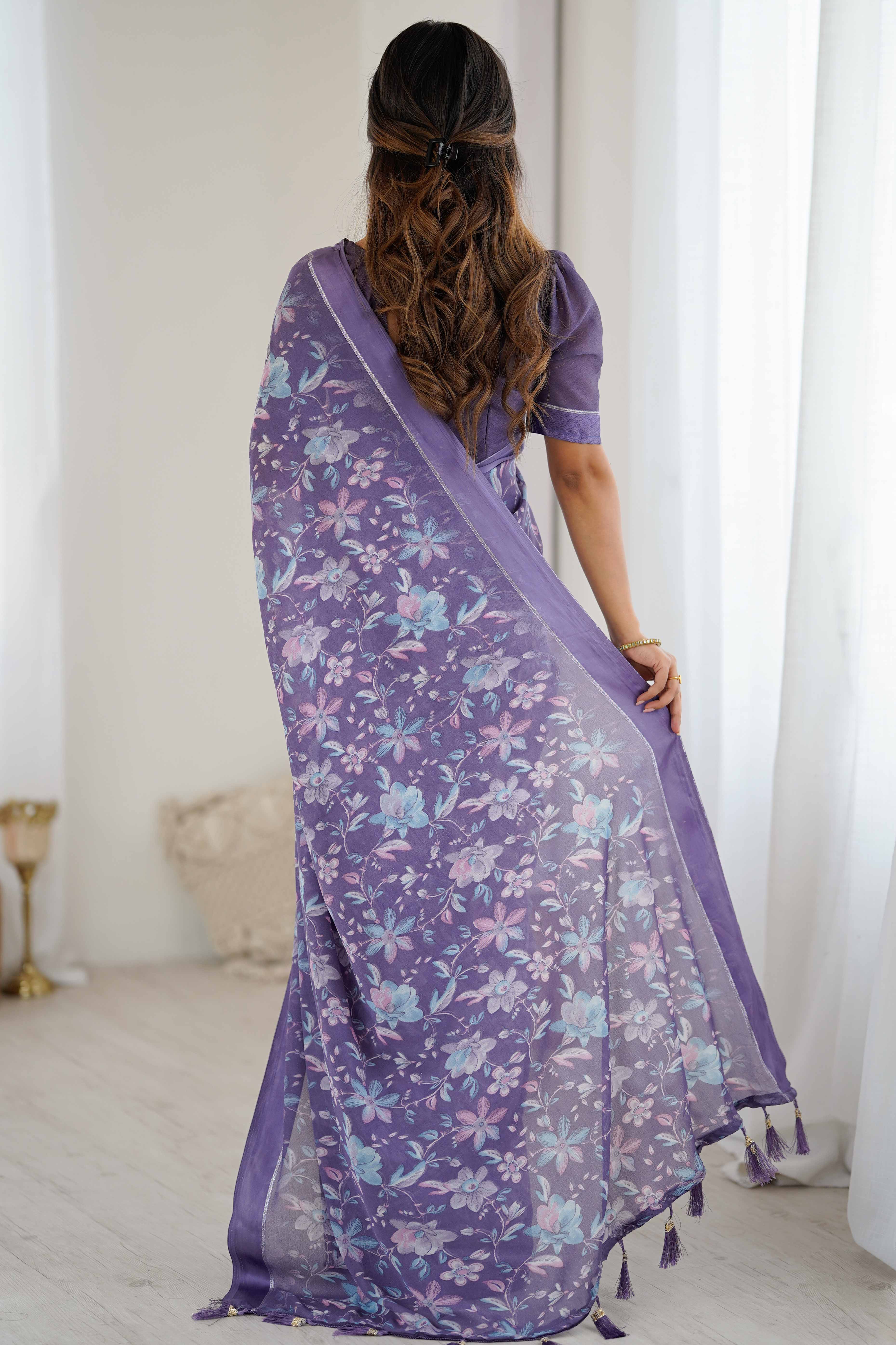 Lavender Moss Silk Blend Saree With Artistic Floral Digital Print & Stylish Tassel Pallu