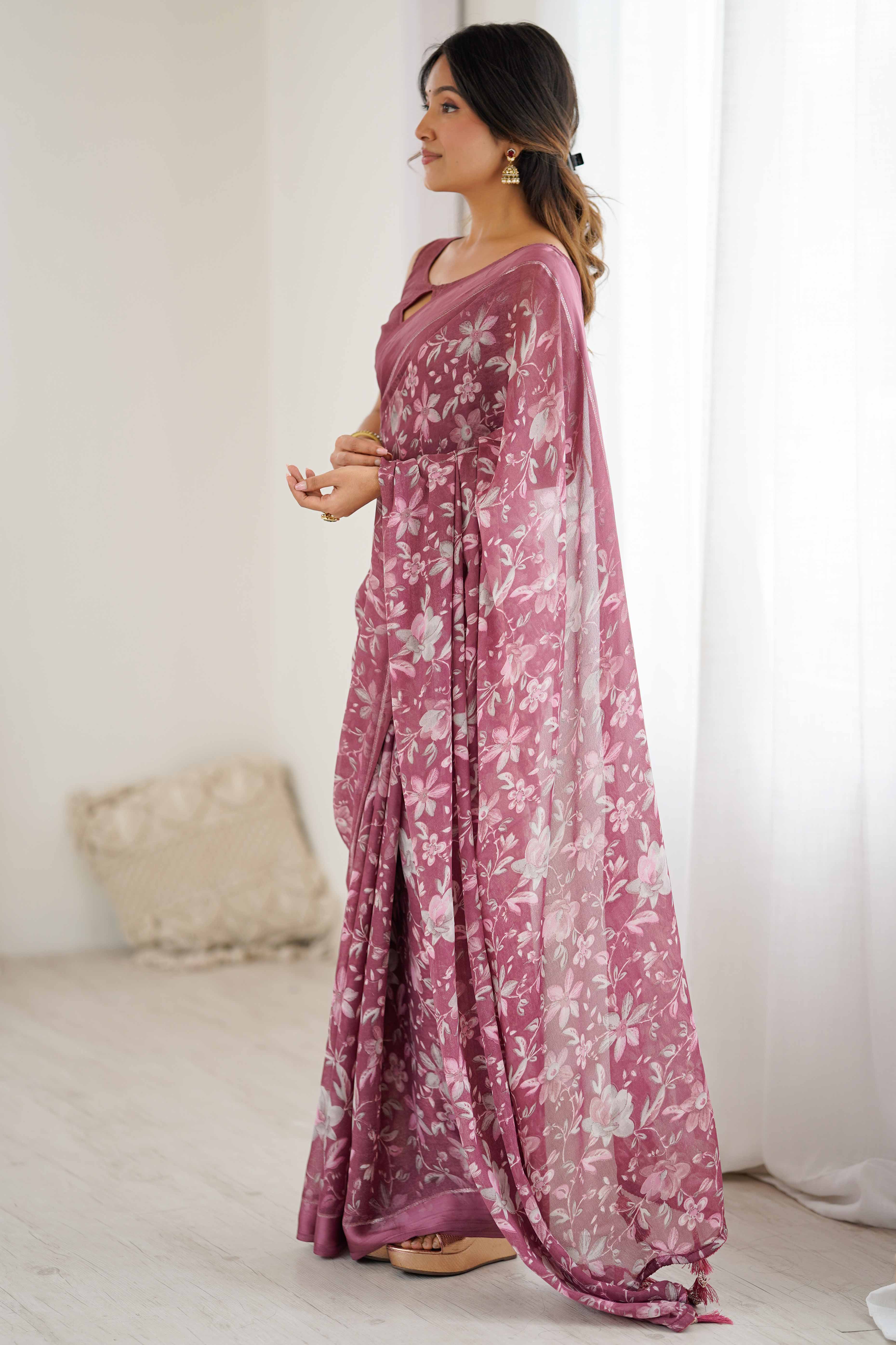 Mauve Moss Silk Blend Saree With Artistic Floral Digital Print & Stylish Tassel Pallu