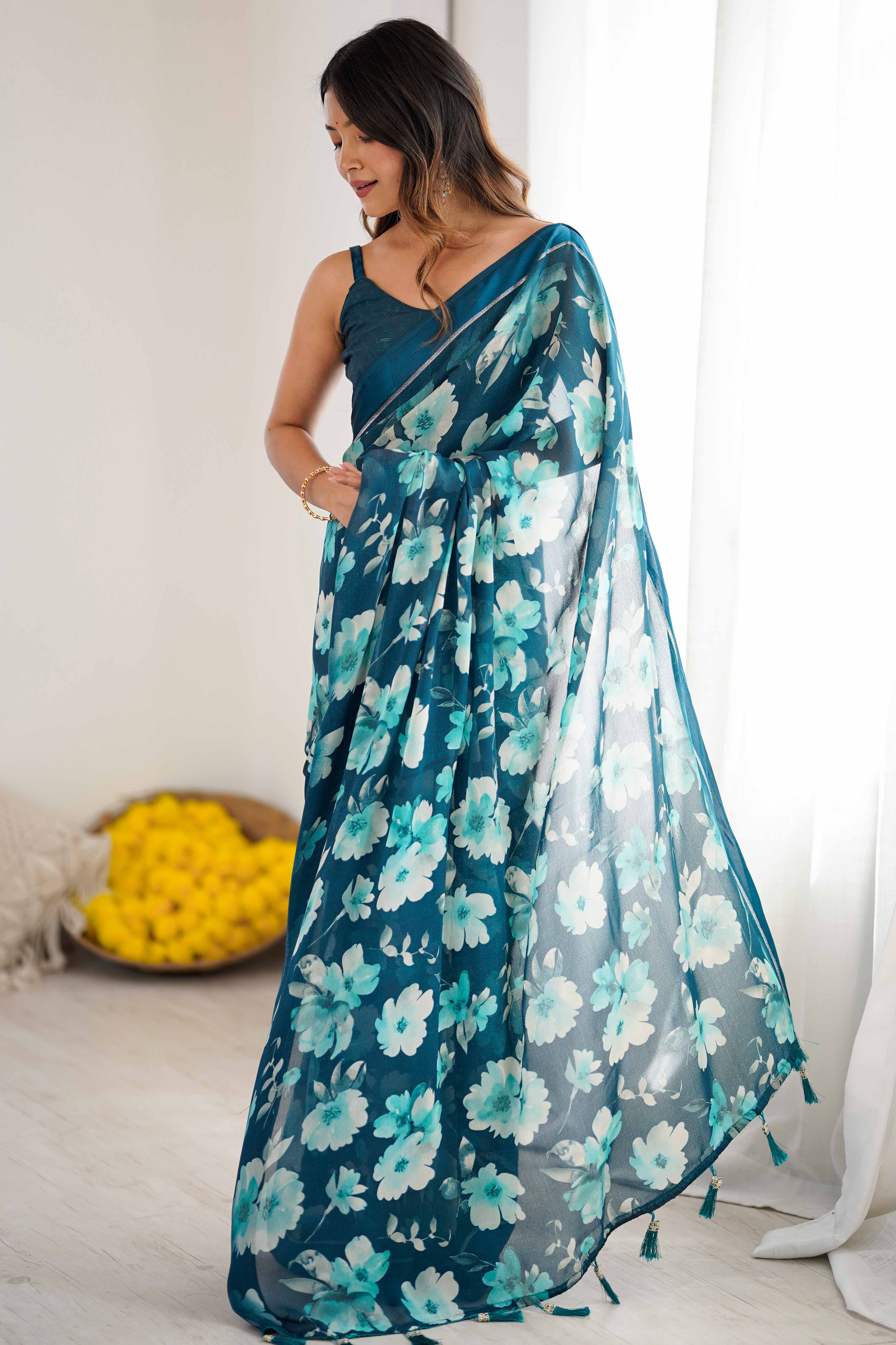 Morpich Blue Floral Printed Moss Silk Blend Saree Adorned With Playful Tassel Pallu