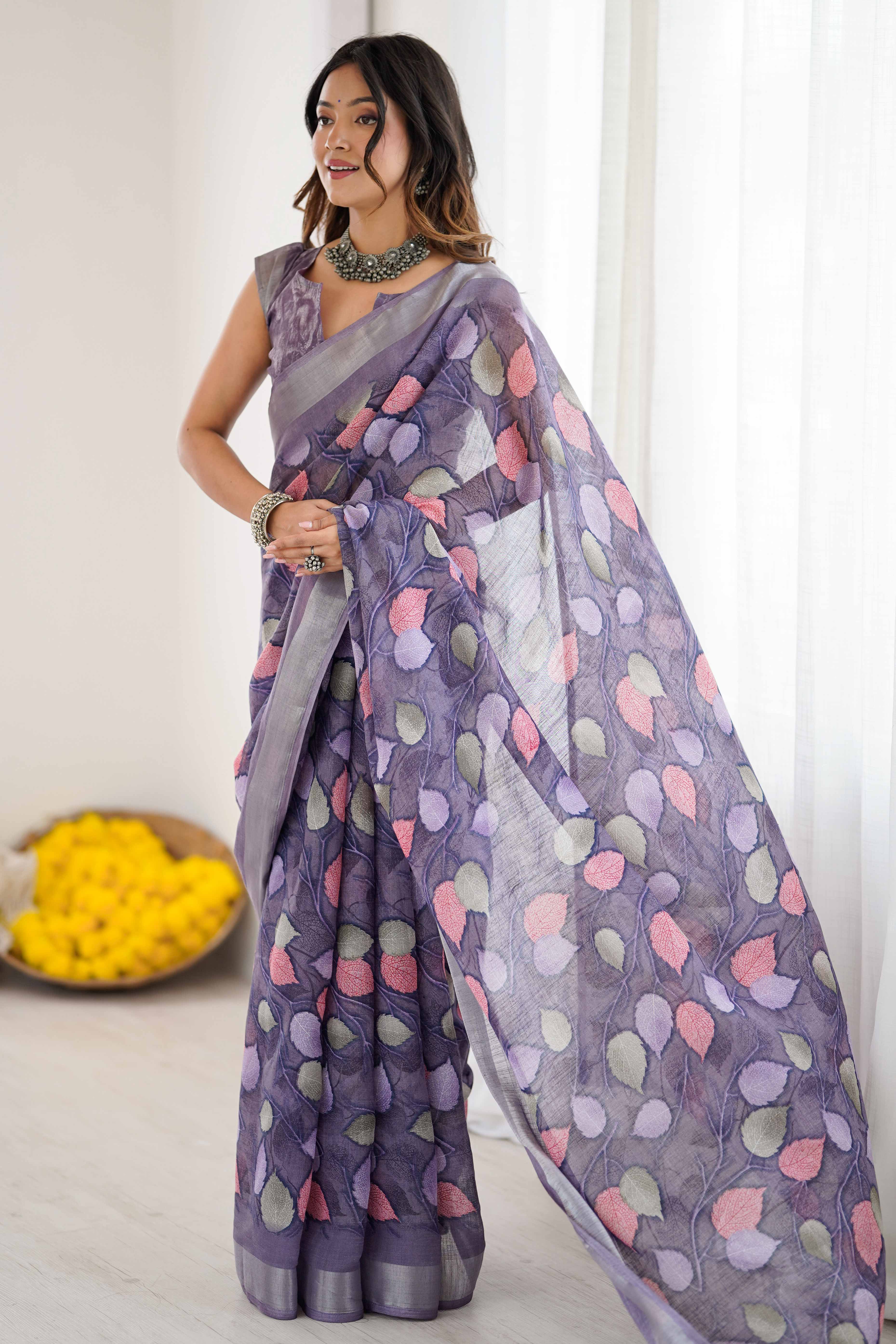 Lavender Linen Saree With Graceful All Over Leaf Pattern