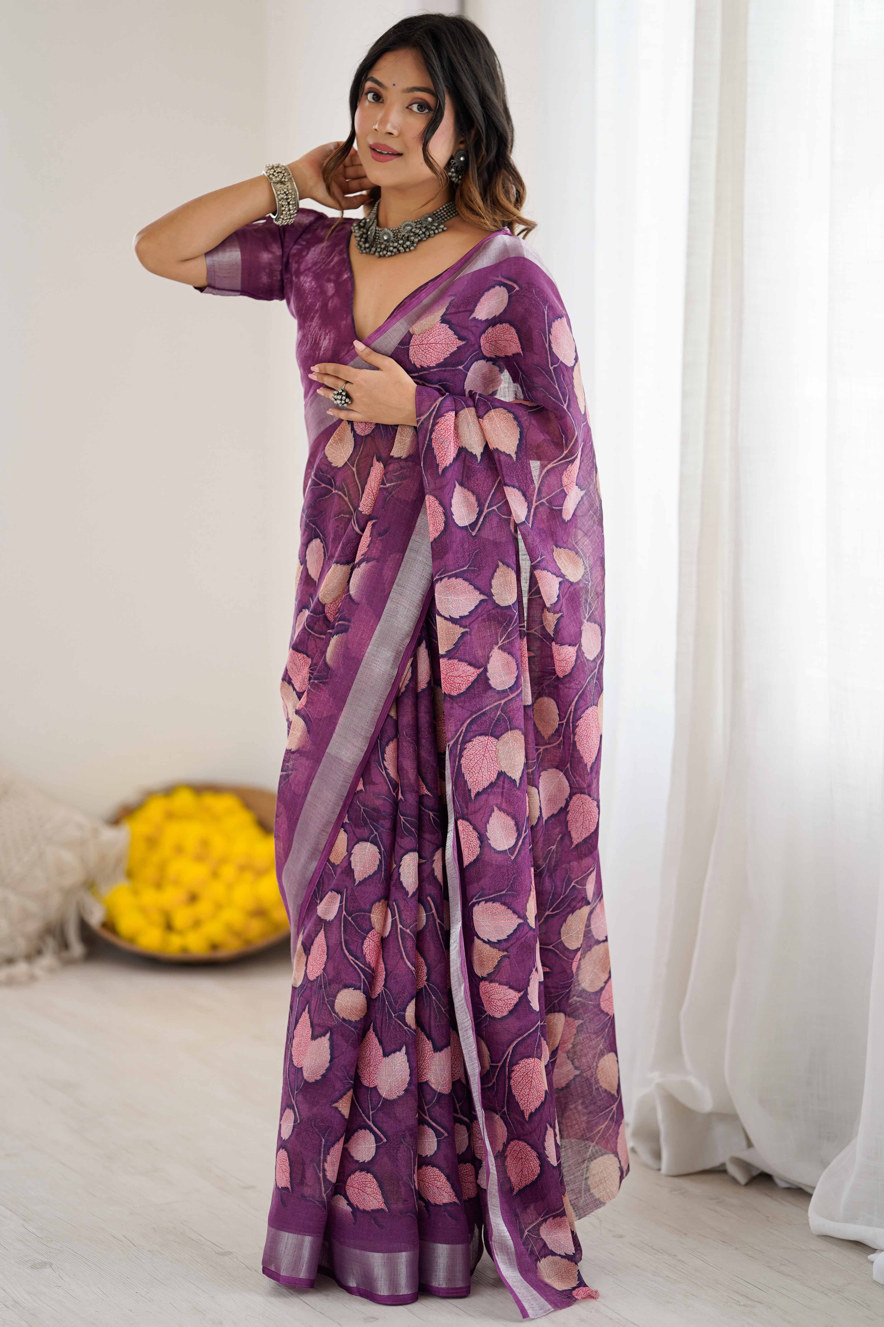Purple Linen Saree With Graceful All Over Leaf Pattern