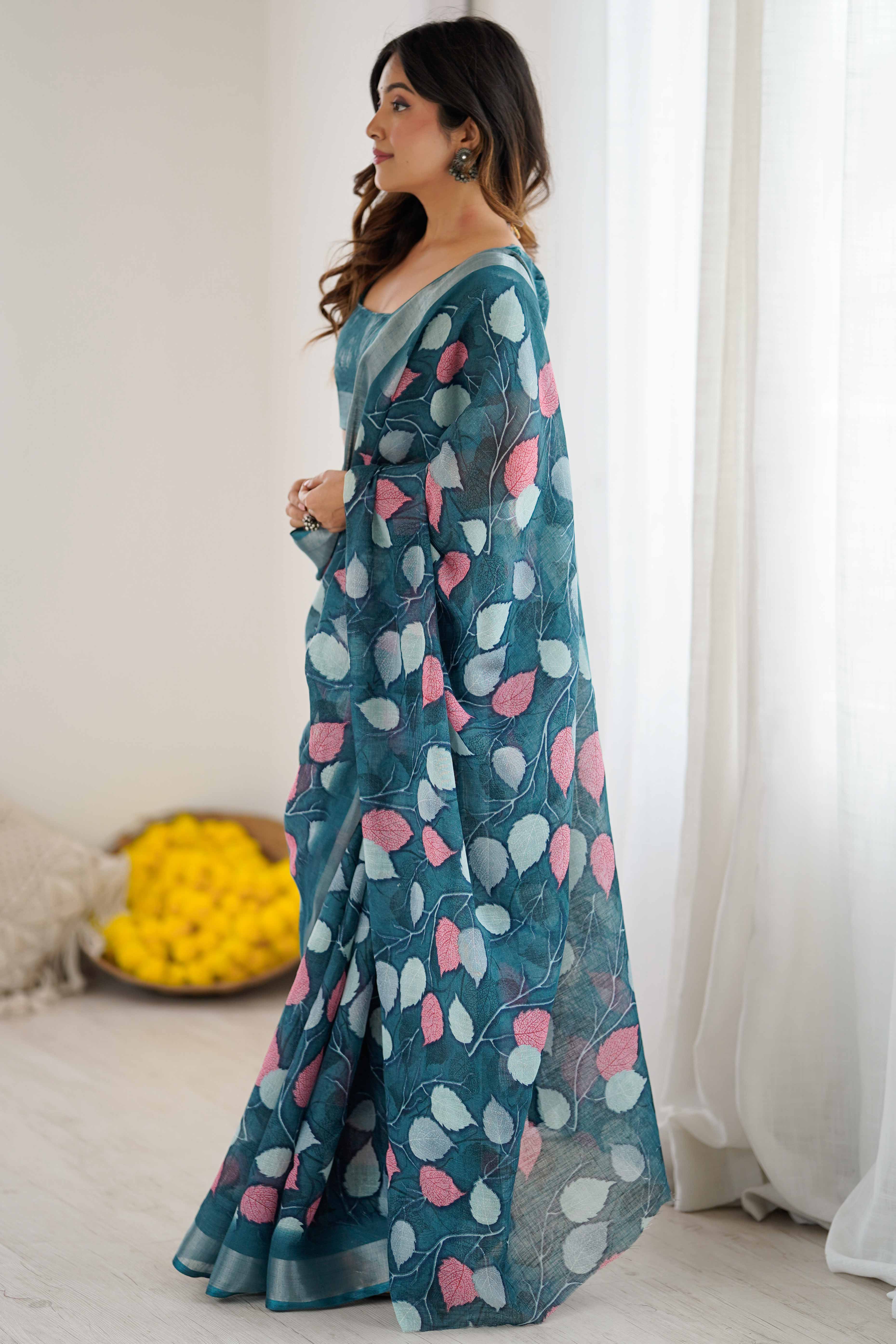 Teal Linen Saree With Graceful All Over Leaf Pattern