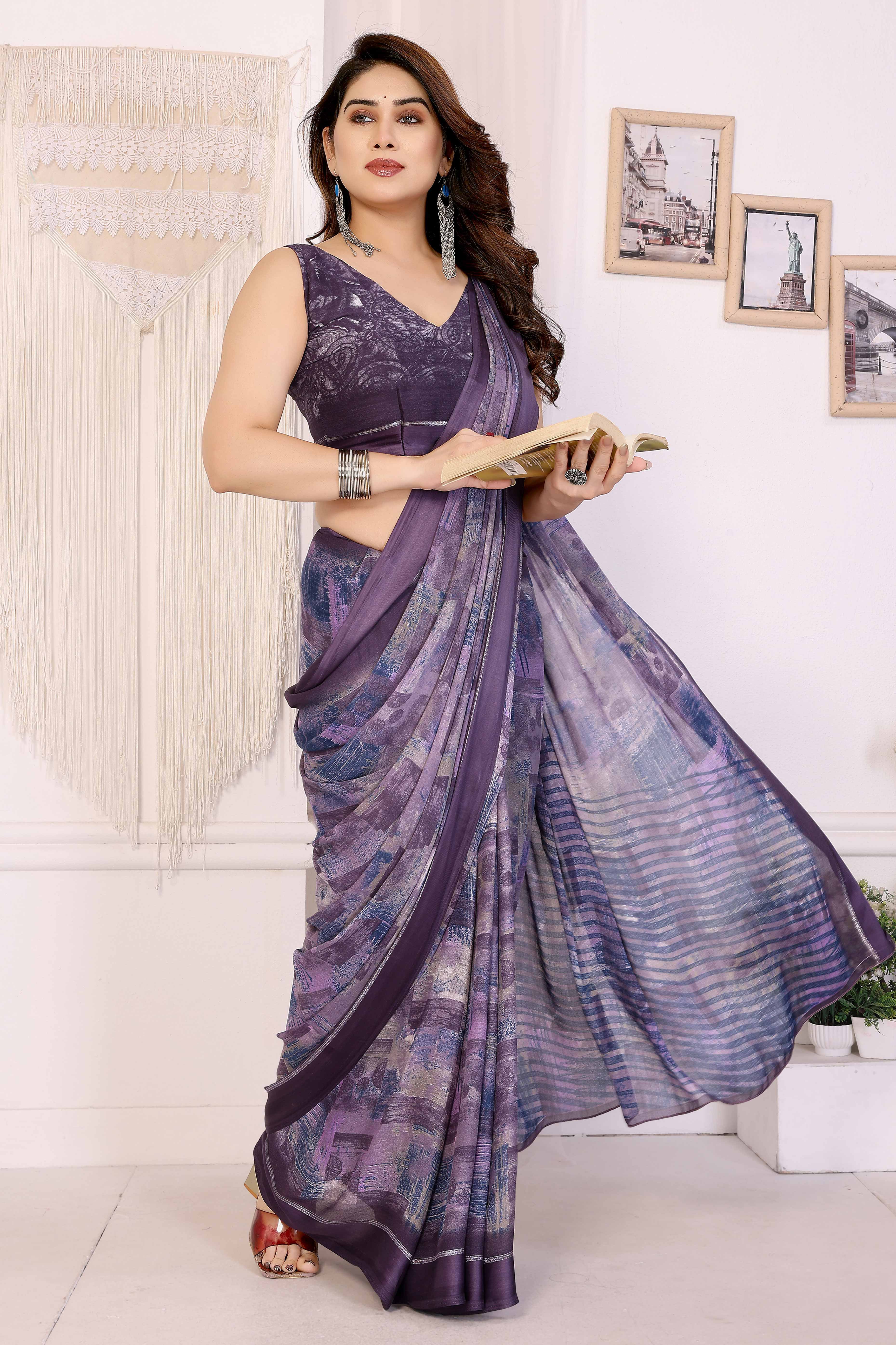 Trendy Purple Moss Crepe Saree with Floral Motifs and Satin Border