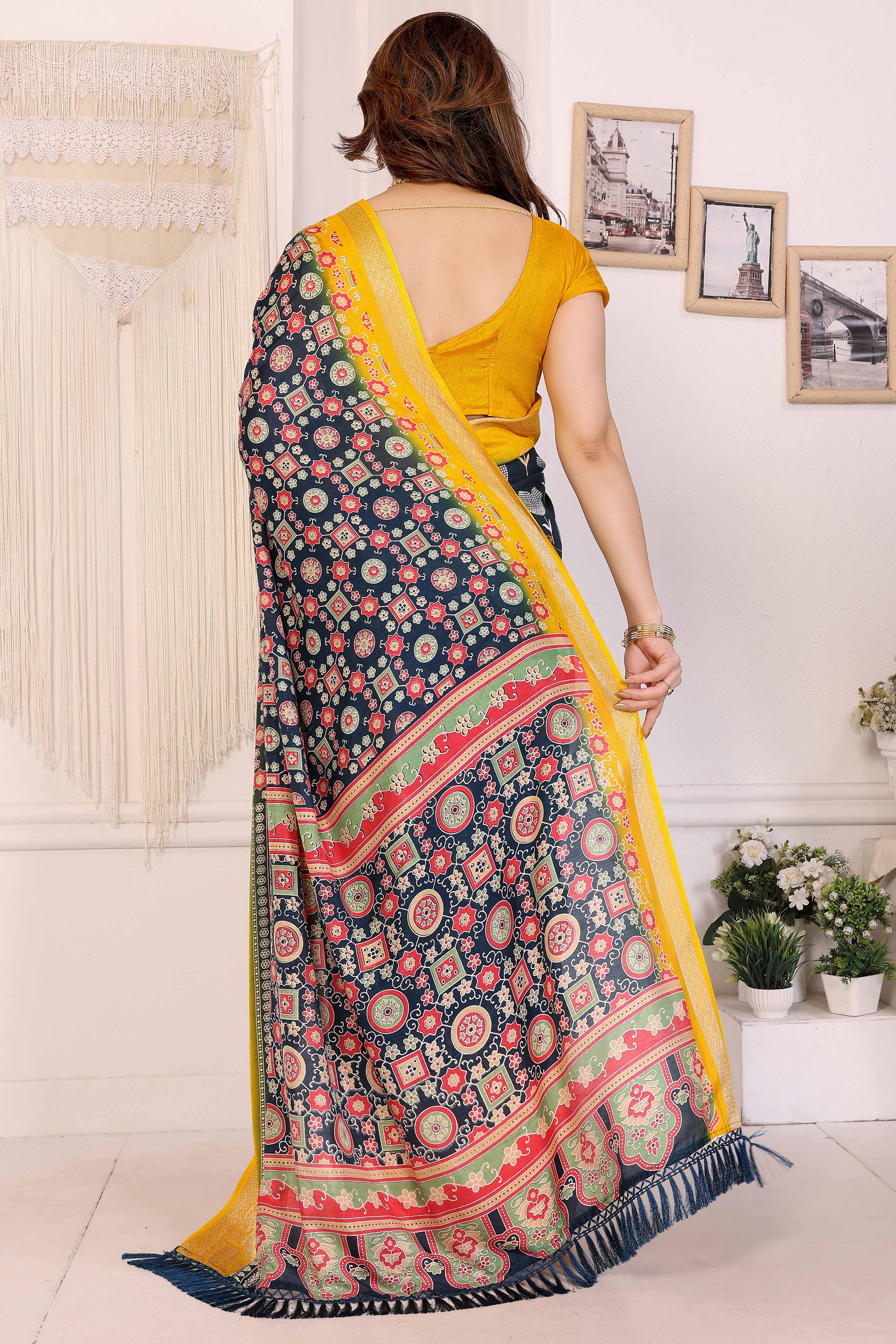 Blue Moss Crepe Saree with Floral Prints and Jacquard Edging