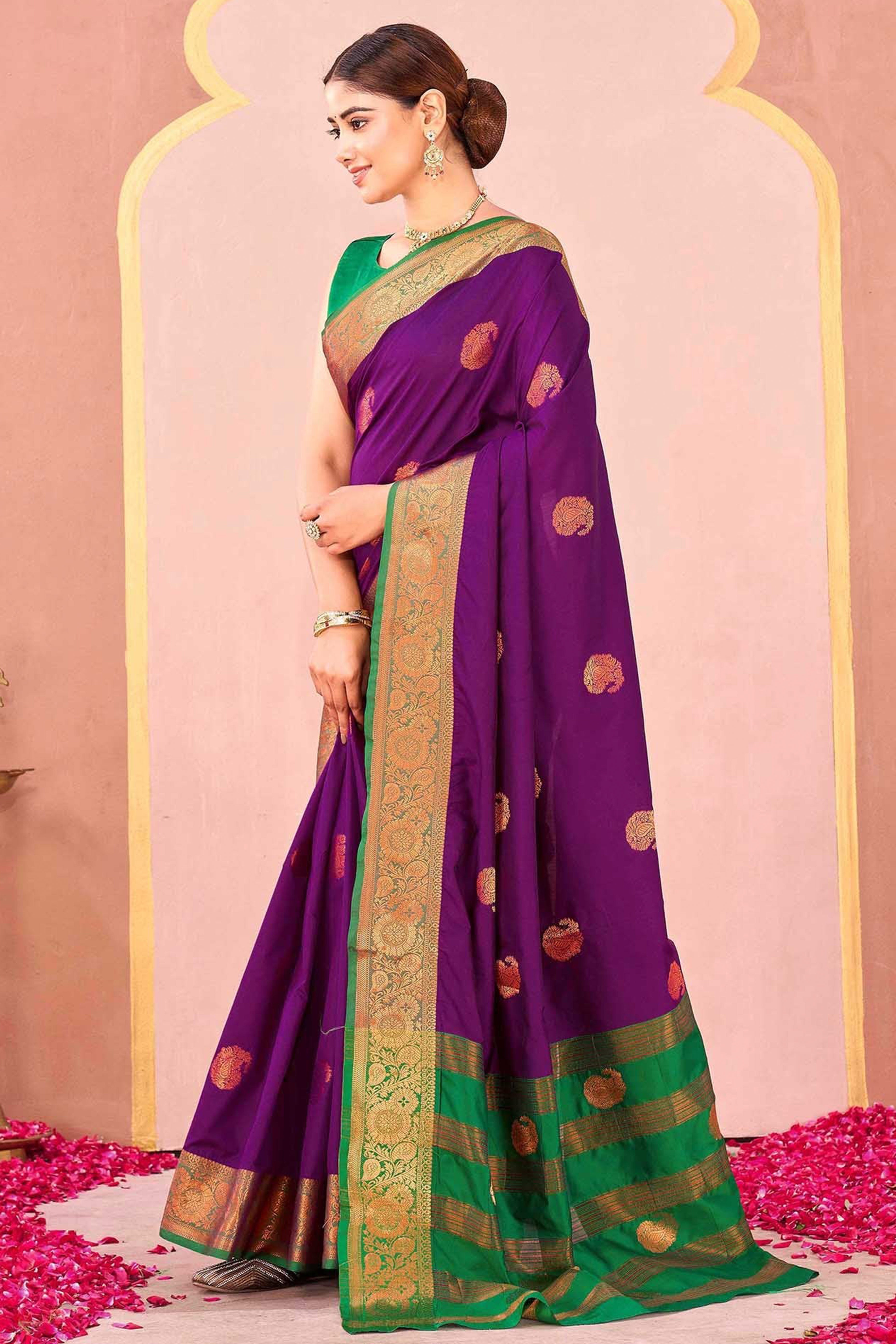 Purple Silk Blend Saree Adorned With Zari Woven Floral & Paisley Design