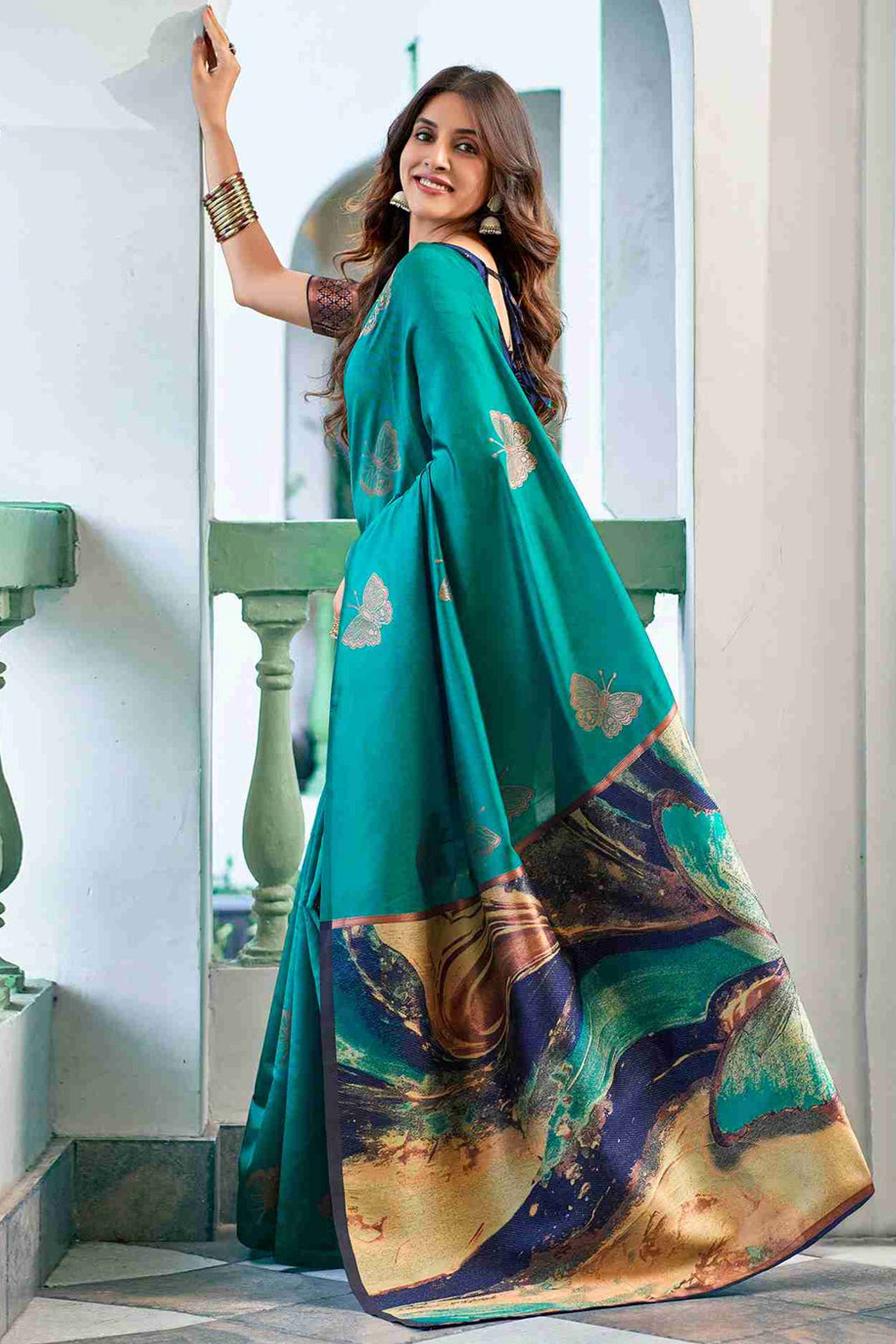 Charming Teal Banarasi Silk Saree Highlighted With Butterfly Motif Zari Work