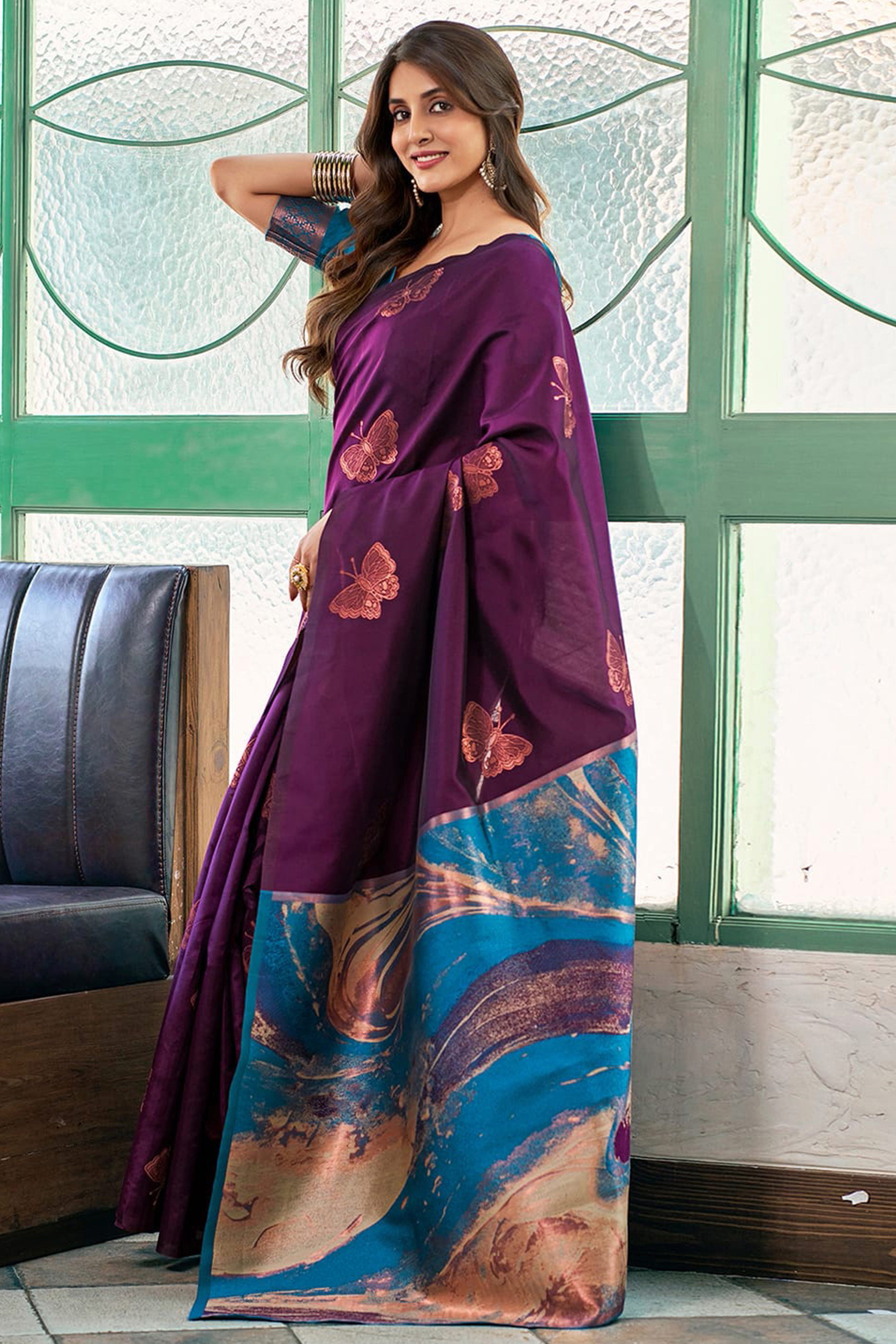 Charming Wine Banarasi Silk Saree Highlighted With Butterfly Motif Zari Work