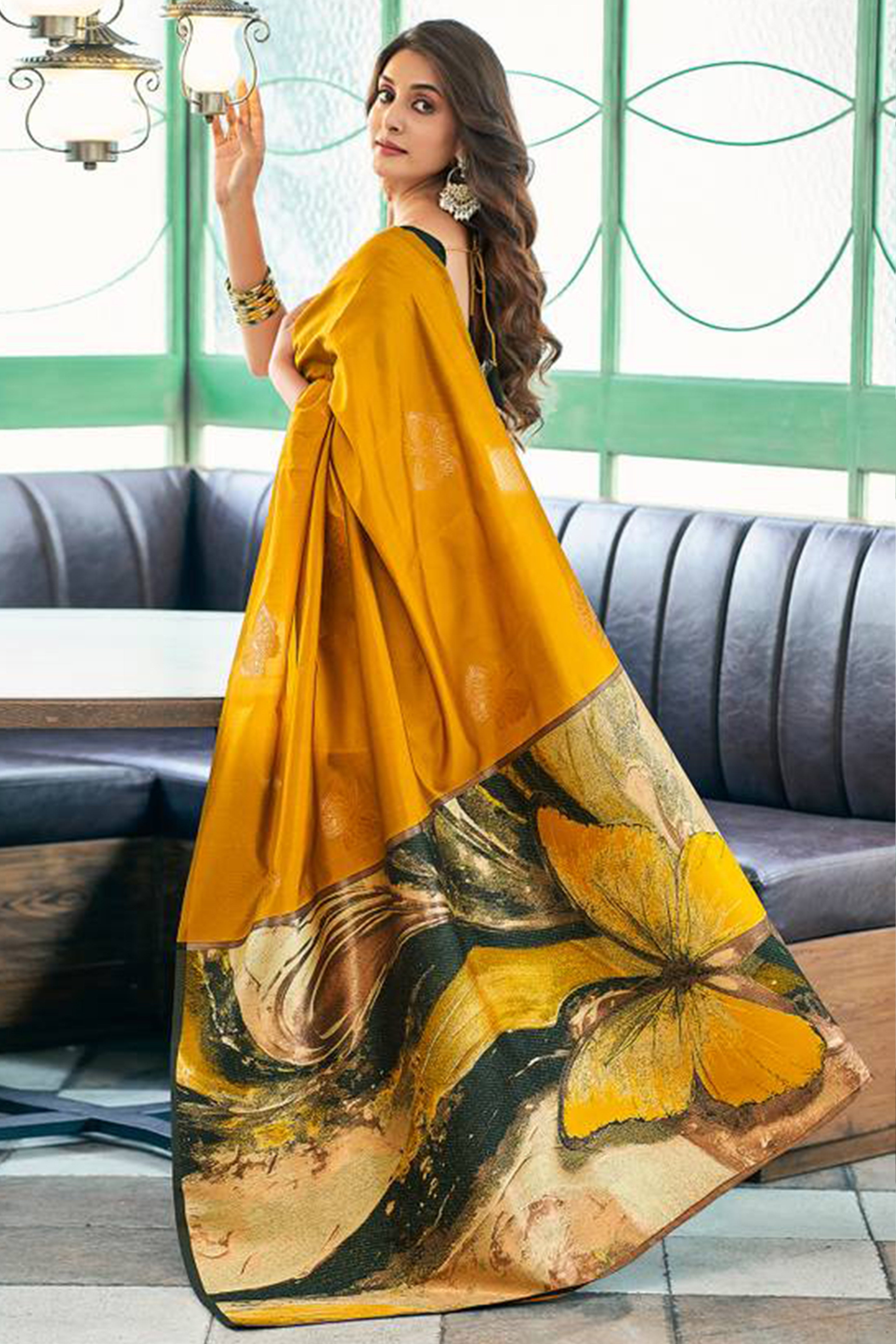 Charming Yellow Banarasi Silk Saree Highlighted With Butterfly Motif Zari Work