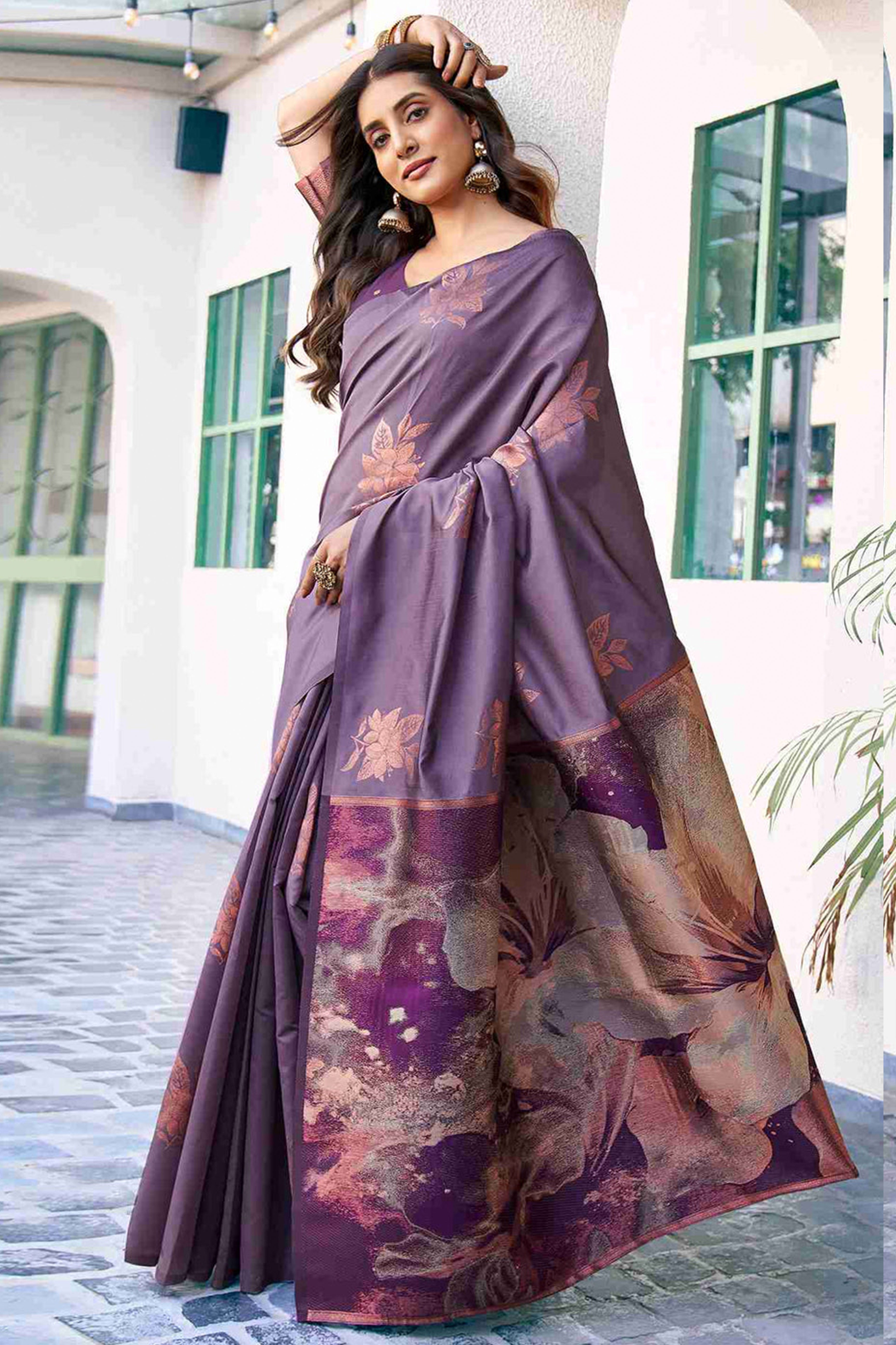 Charming Purple Banarasi Silk Saree Highlighted With Floral Motif Zari Work