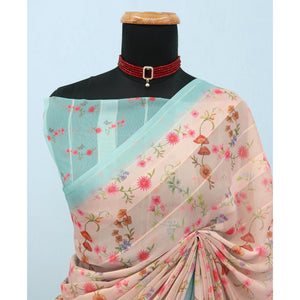 Beige Bloom Floral Digital Printed Georgette Saree Accentuated With Graceful Zari Stripes