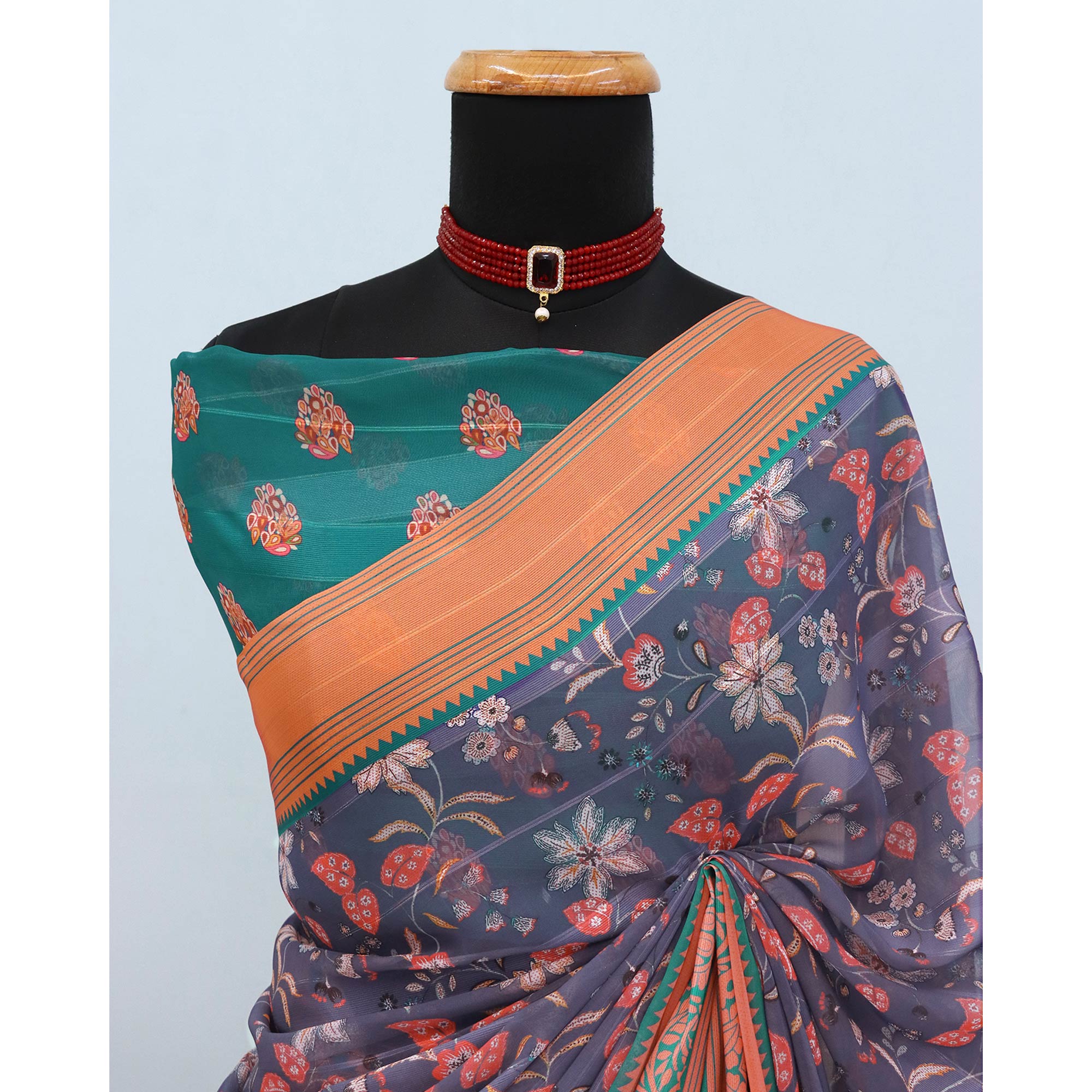 Elegant Purple & Rama Floral Digital Printed Georgette Saree Adorned With Subtle Zari Stripes
