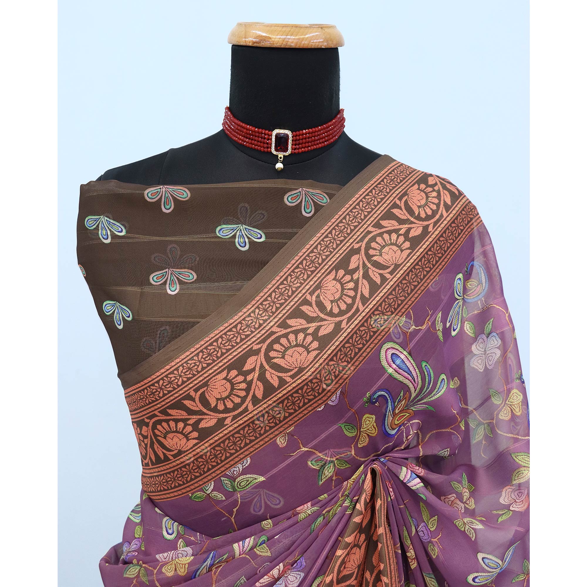 Elegant Wine & Brown Floral Digital Printed Georgette Saree Adorned With Subtle Zari Stripes