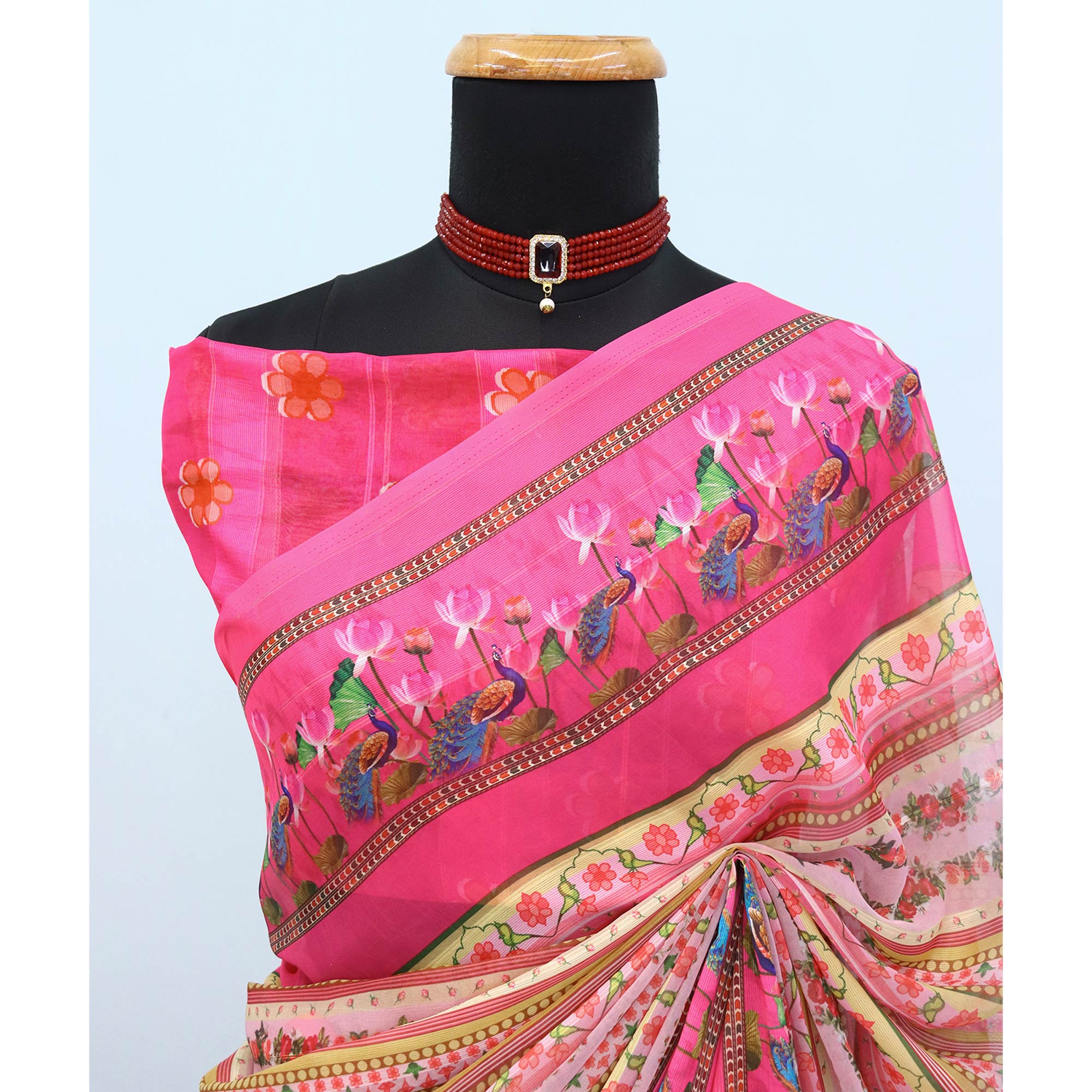Charming Pink & Yellow Floral Digital Printed Georgette Saree Accentuated With Zari Stripes