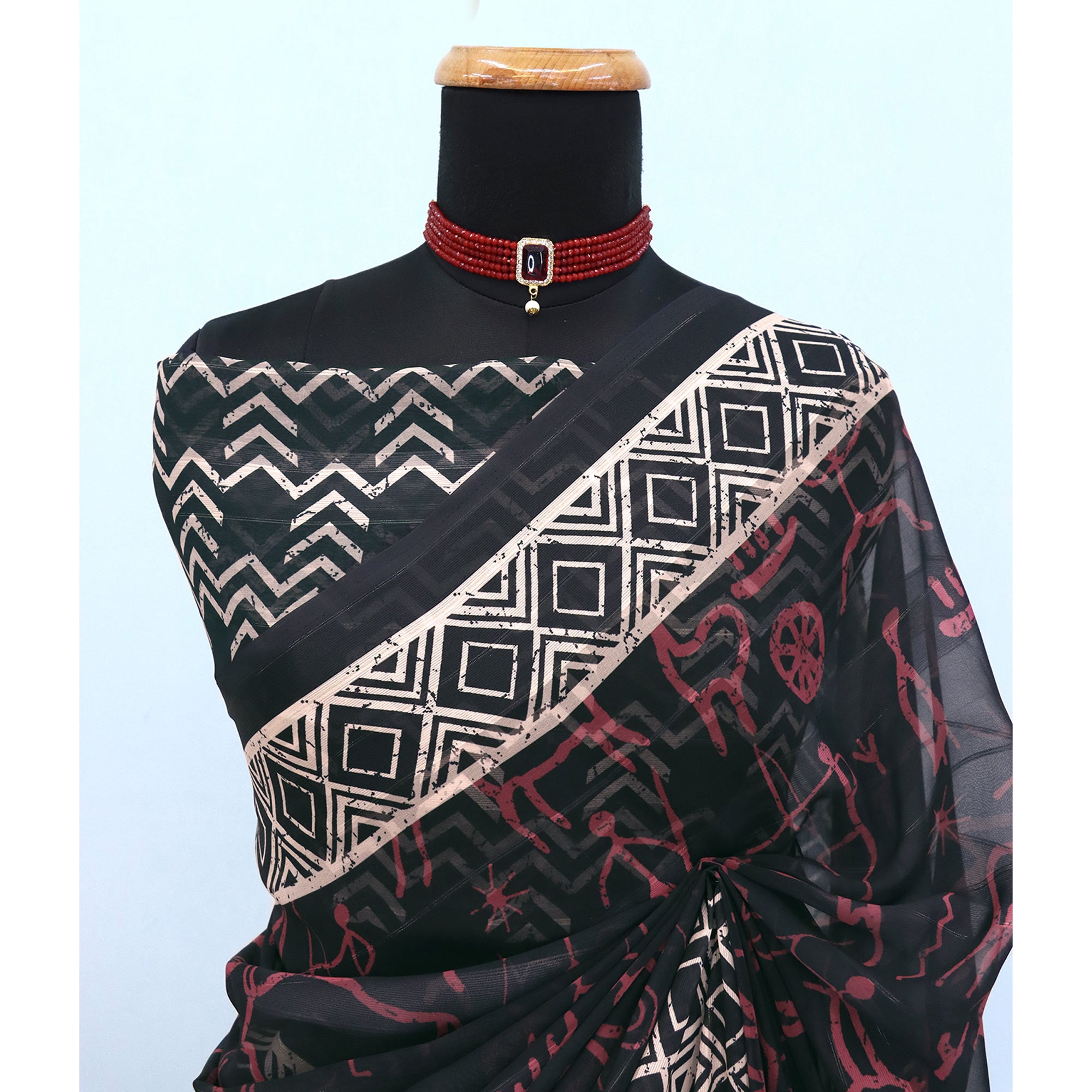 Charming Black Digital Printed Georgette Saree Accentuated With Zari Stripes