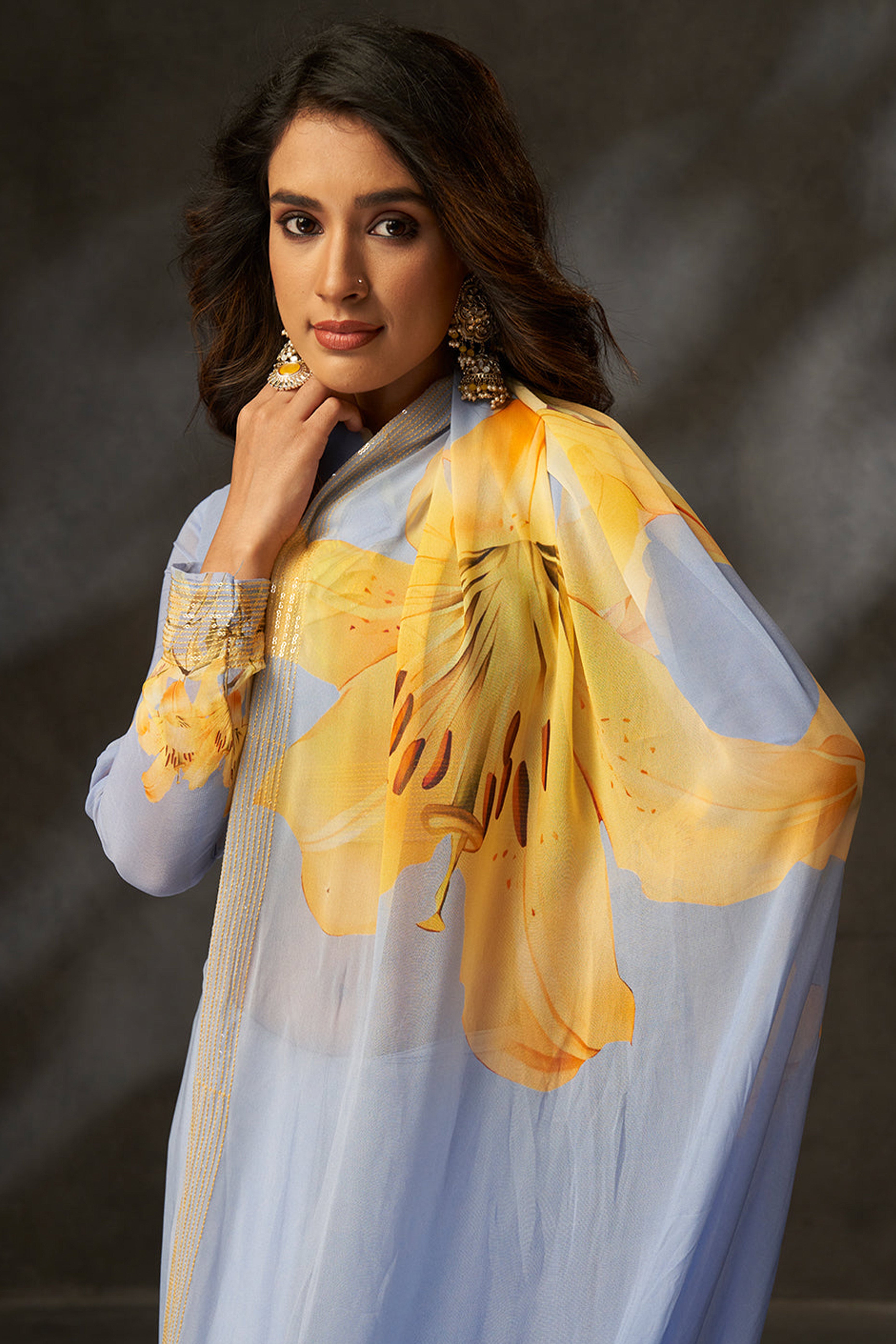 Graceful Blue Floral Digital Print Saree in Georgette With Artistic Crochet Border Work