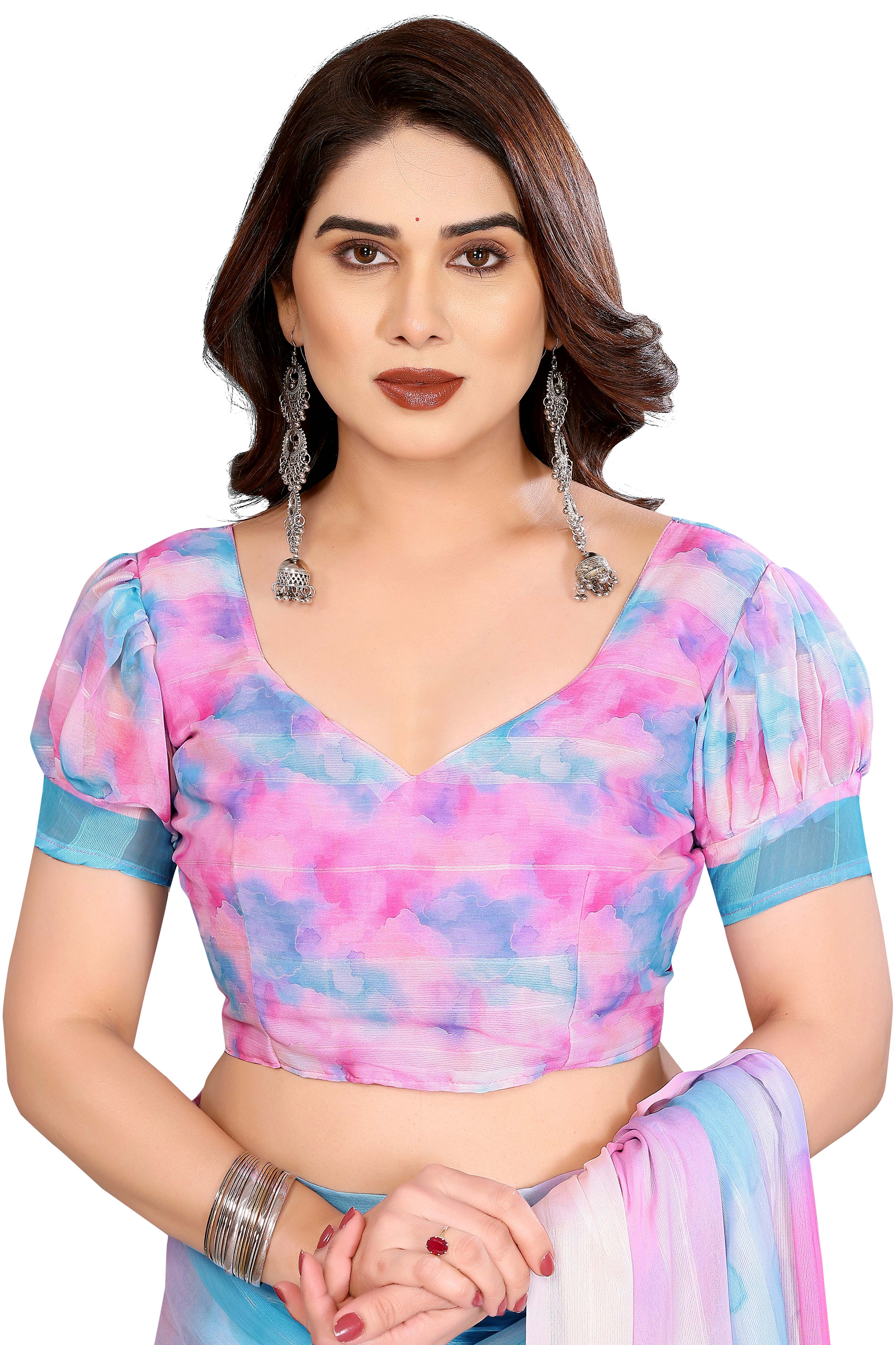 Graceful Multicolor Abstract Digital Print Georgette Saree Featuring Zari Work & Vibrant Striped