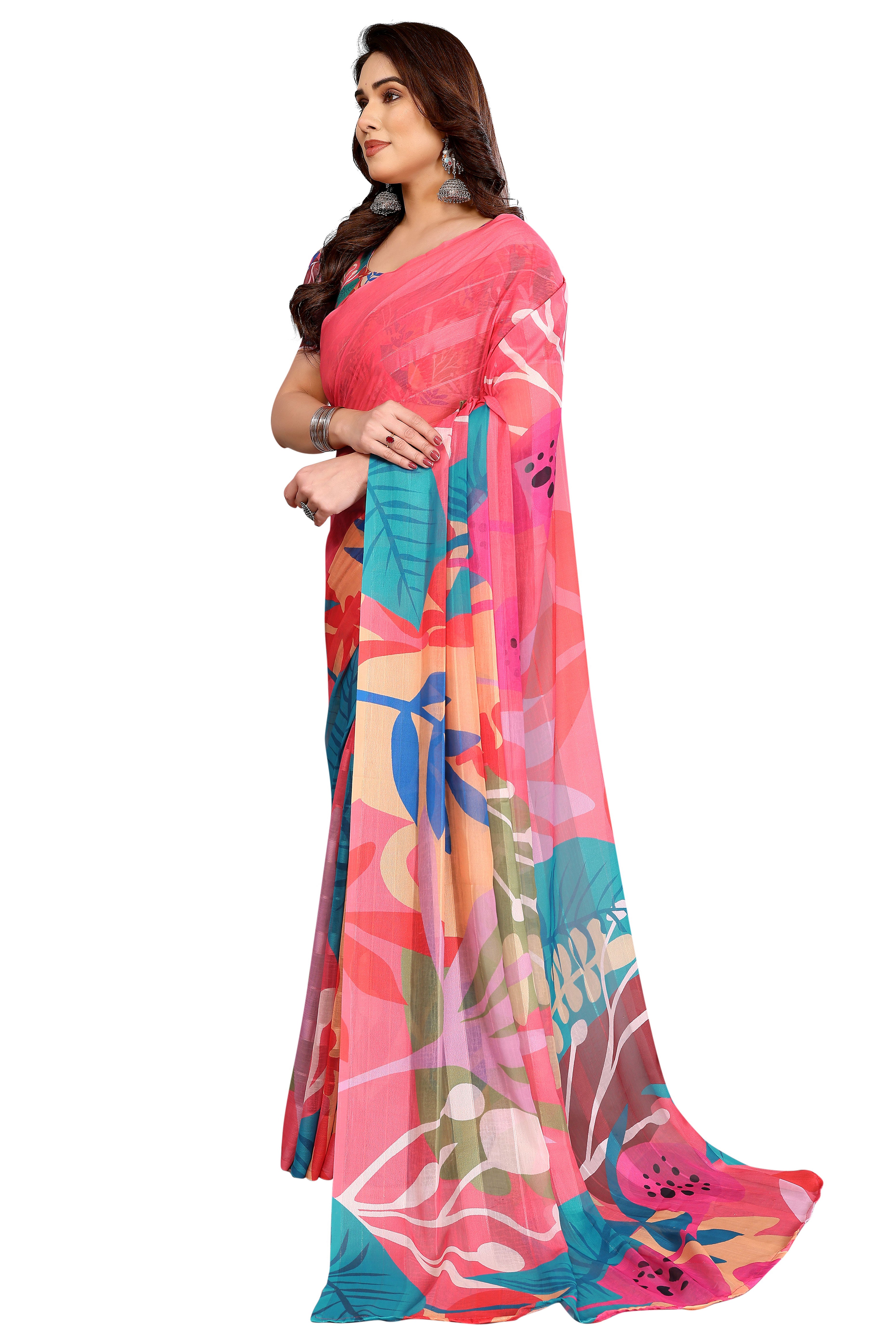 Graceful Gajari Pink Floral Digital Print Georgette Saree Featuring Zari Work & Vibrant Striped