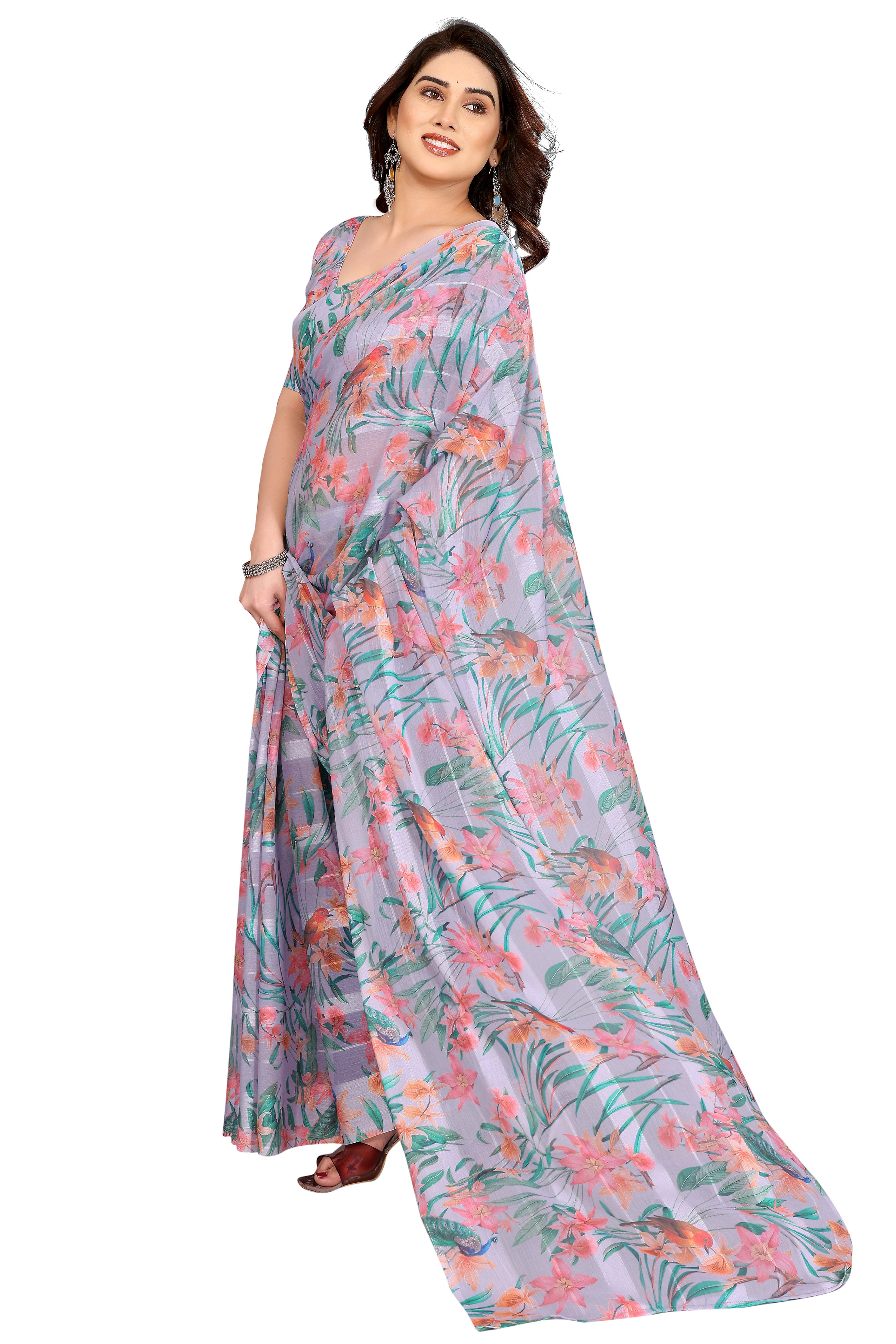 Sophisticated Grey Floral Digital Print Georgettte Saree With Zari Touch & Striped Design