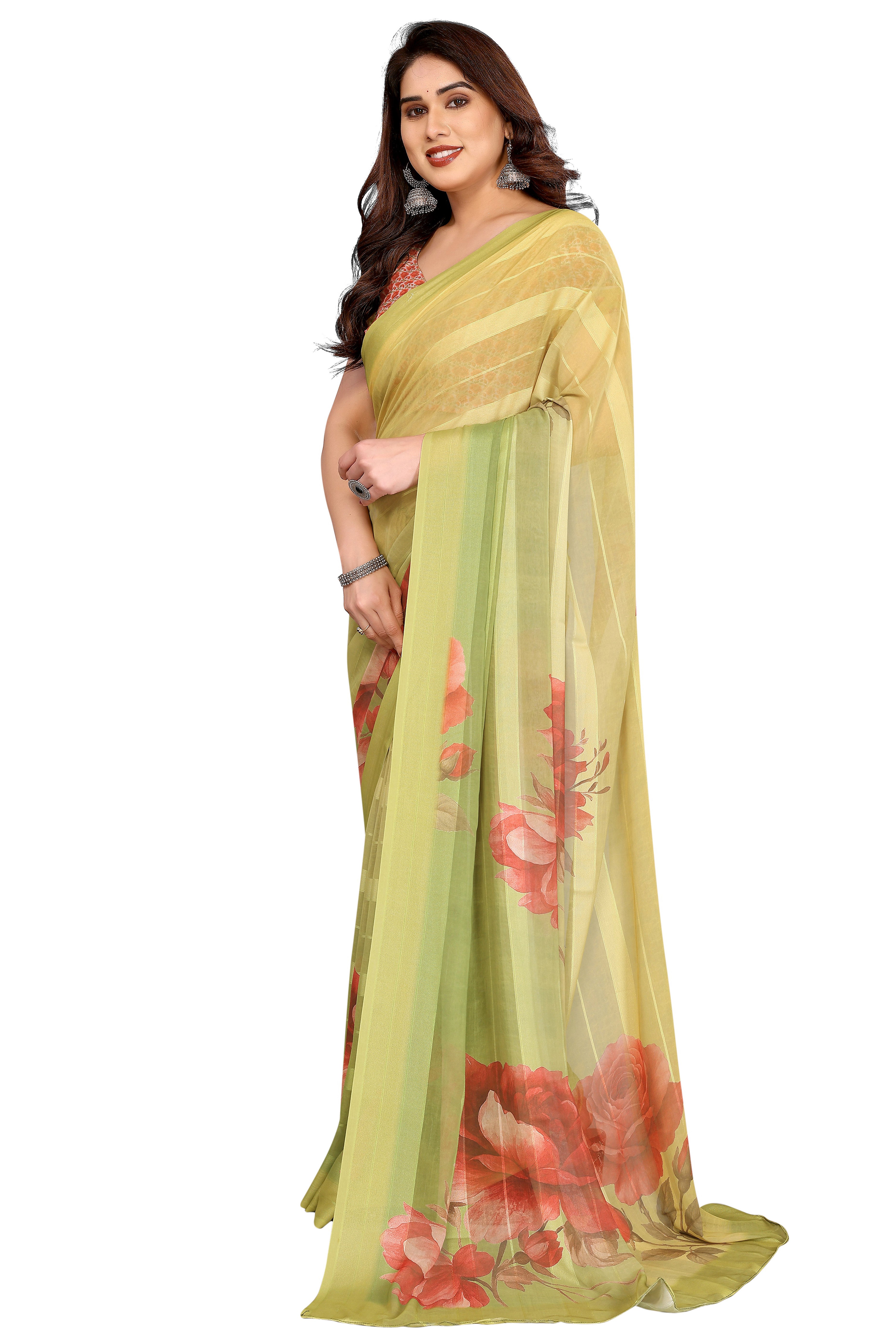 Sophisticated Green Floral Digital Print Georgettte Saree With Zari Touch & Striped Design