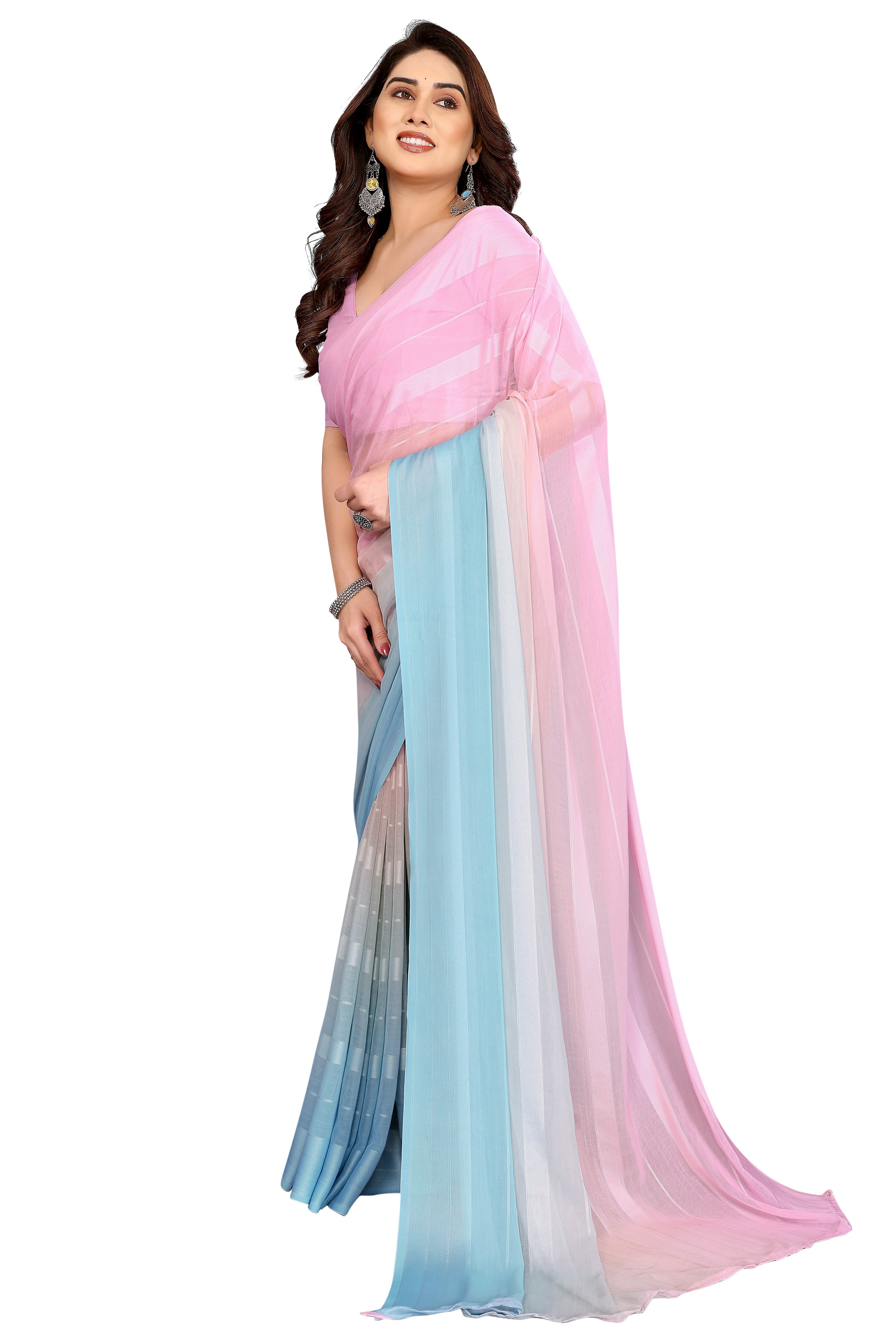Sophisticated Multicolor Digital Print Georgettte Saree With Zari Touch & Striped Design