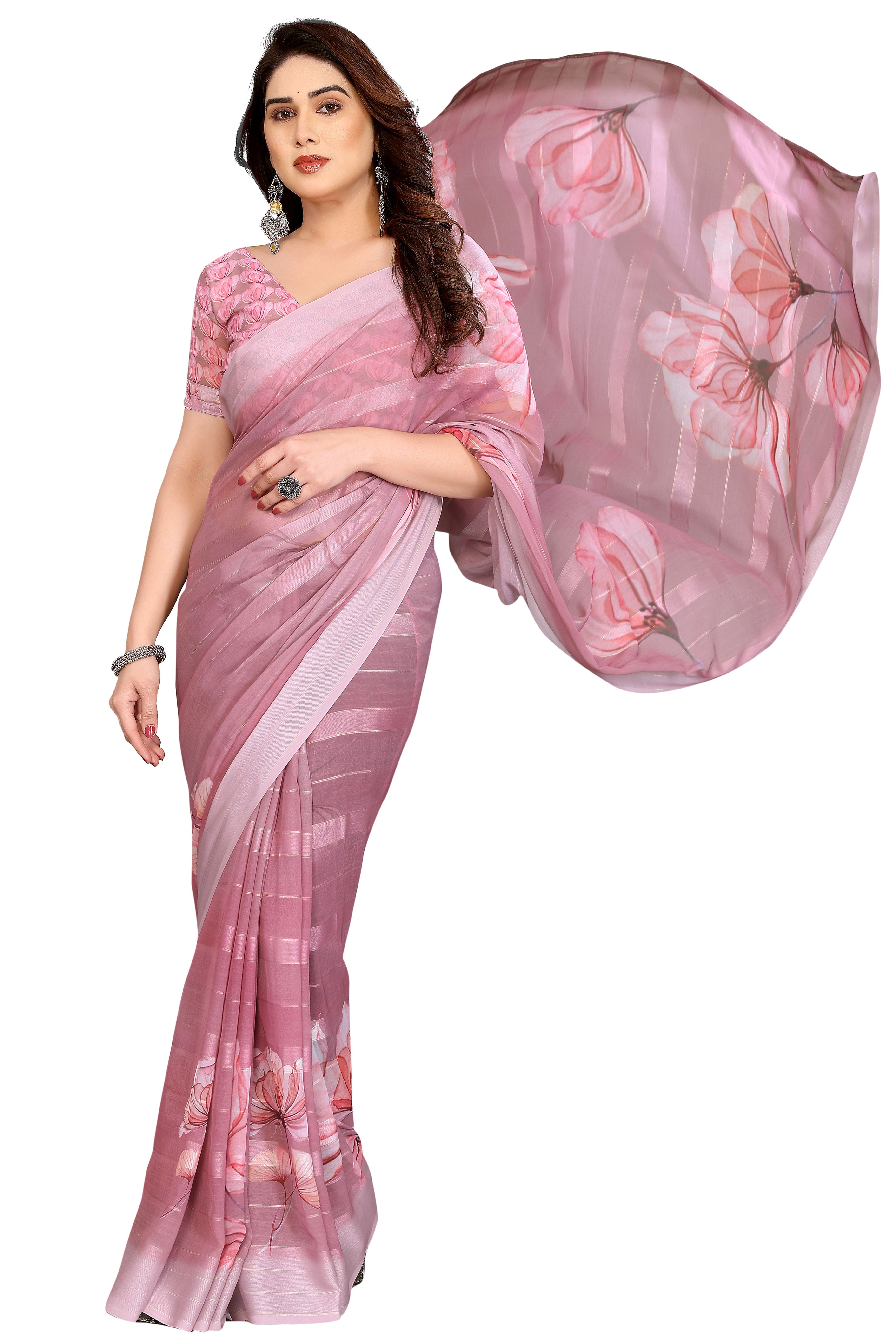 Sophisticated Light Mauve Floral Digital Print Georgettte Saree With Zari Touch & Striped Design