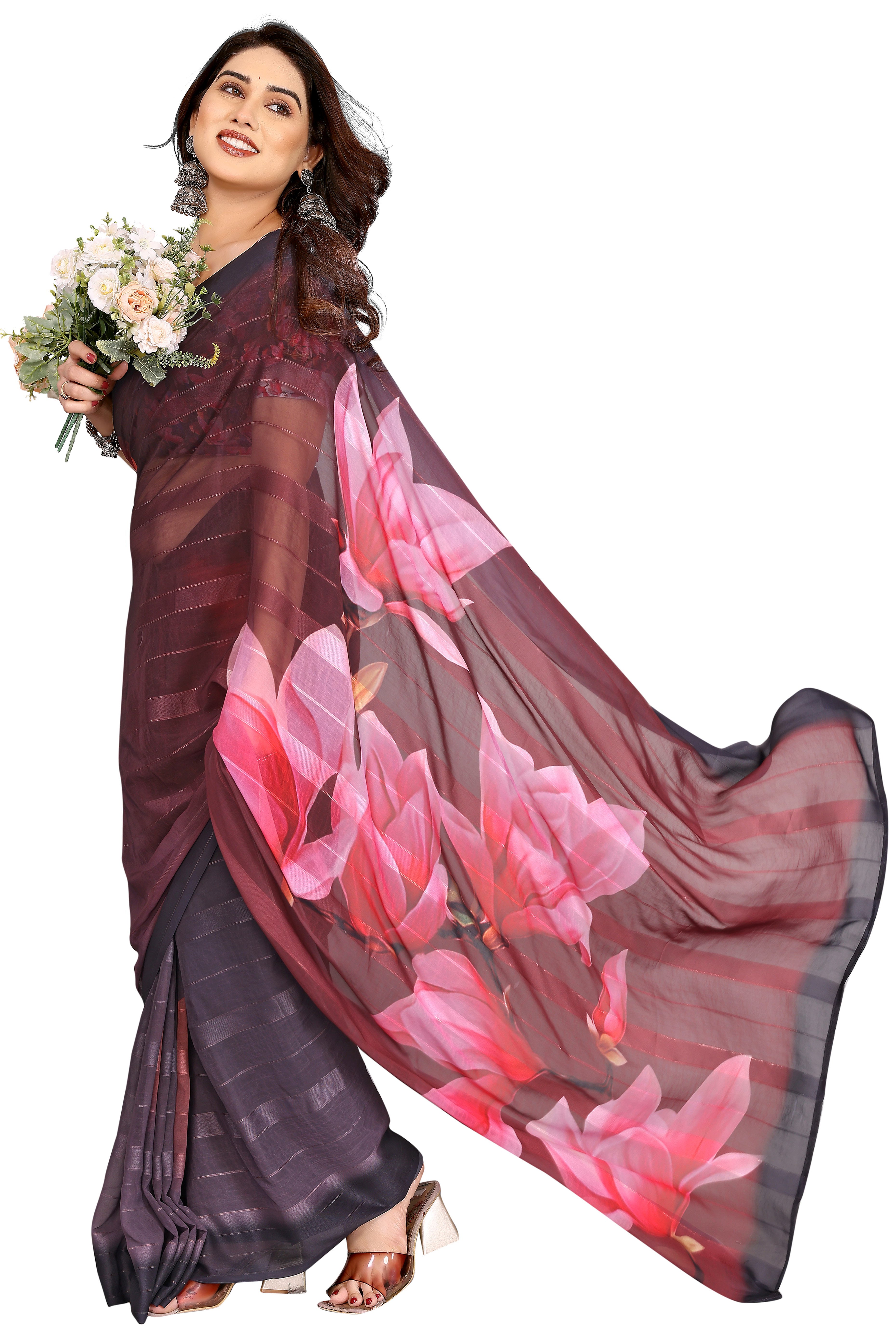 Classic Blak & Maroon Floral Digital Print Georgette Saree With Refined Zari & Stylish Striped